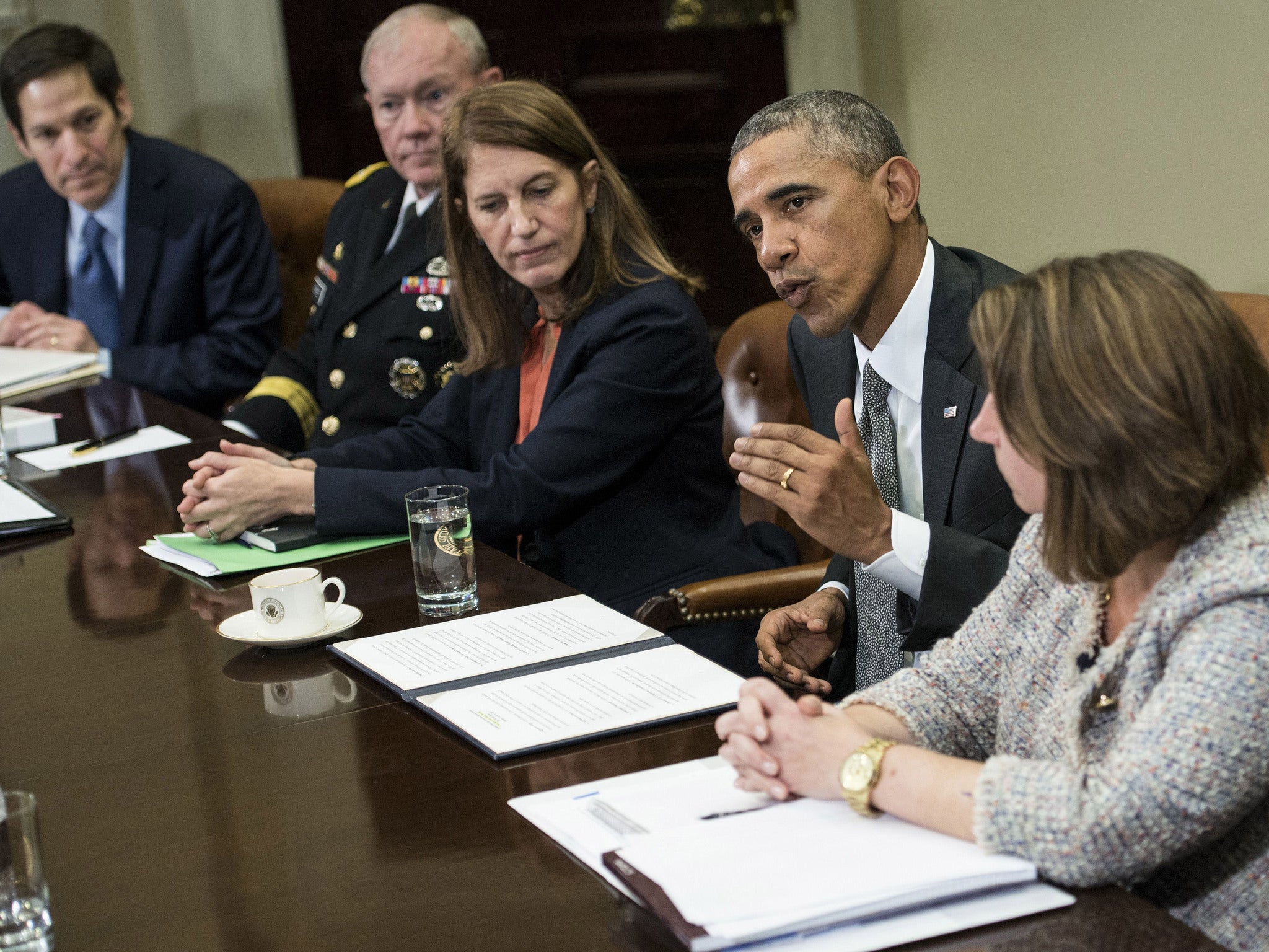 Washington, DC. Obama met with the national security team and senior staff on stopping the outbreak of Ebola