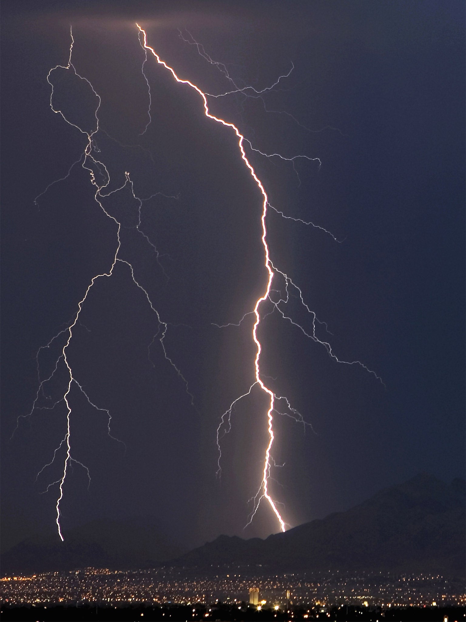 Force of nature: a cloud-to-ground lightning bolt appears to have choice about where it strikes (Photo by Ethan Miller/Getty Images)