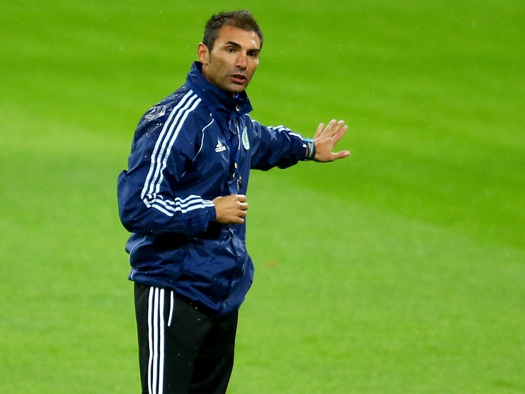 Manager Pierangelo Manzaroli gives instructions during the San Marino training session at Wembley (Getty)