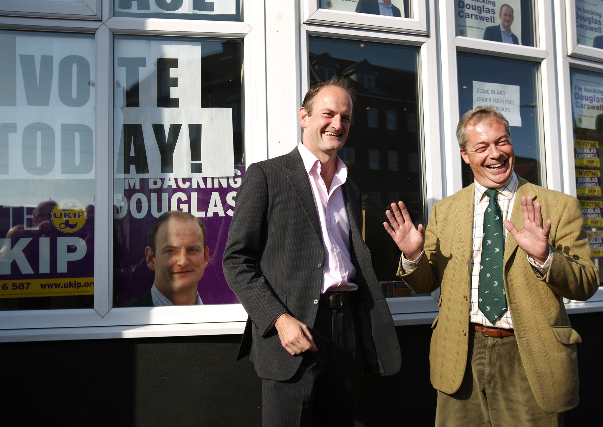 Douglas Carswell stands with Nigel Farage on October 9, 2014 in Clacton-on-Sea, England.