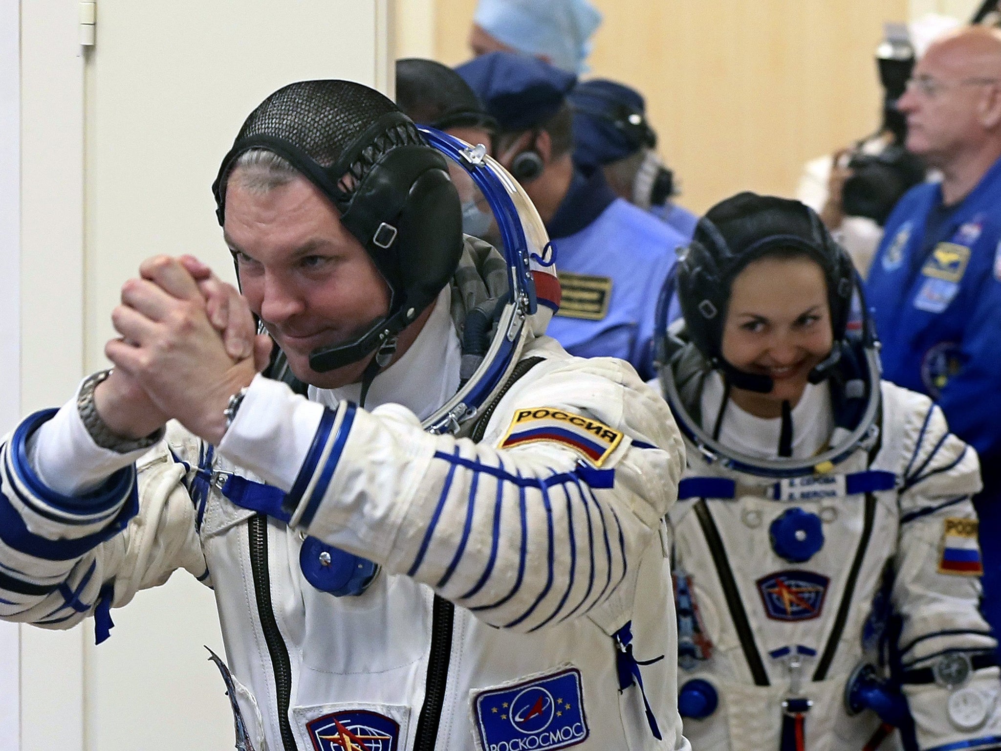 Russian cosmonauts Alexander Samokutyaev (left) and Elena Serova