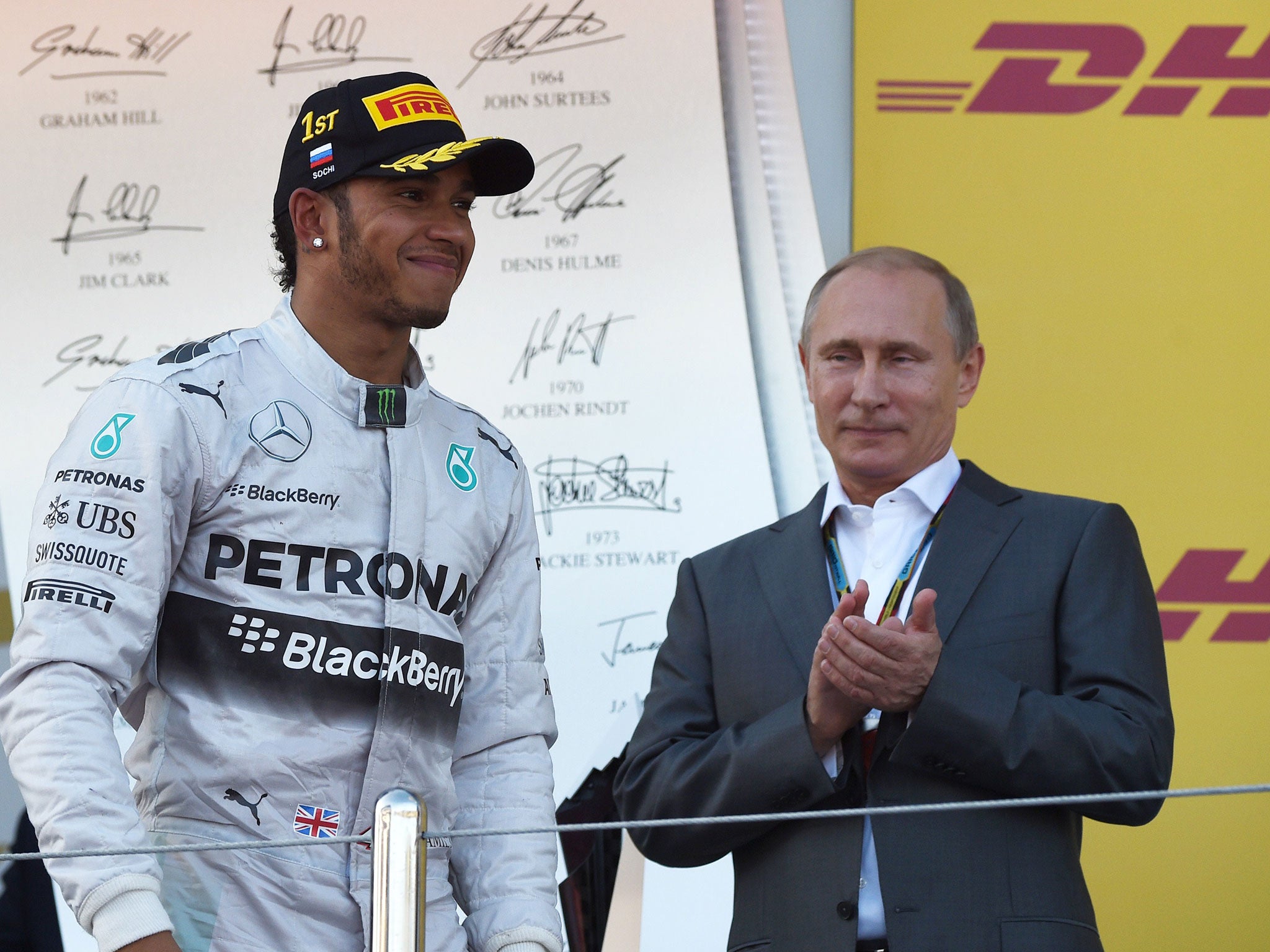 Hamilton was presented the race winners' trophy by Russian President Vladimir Putin