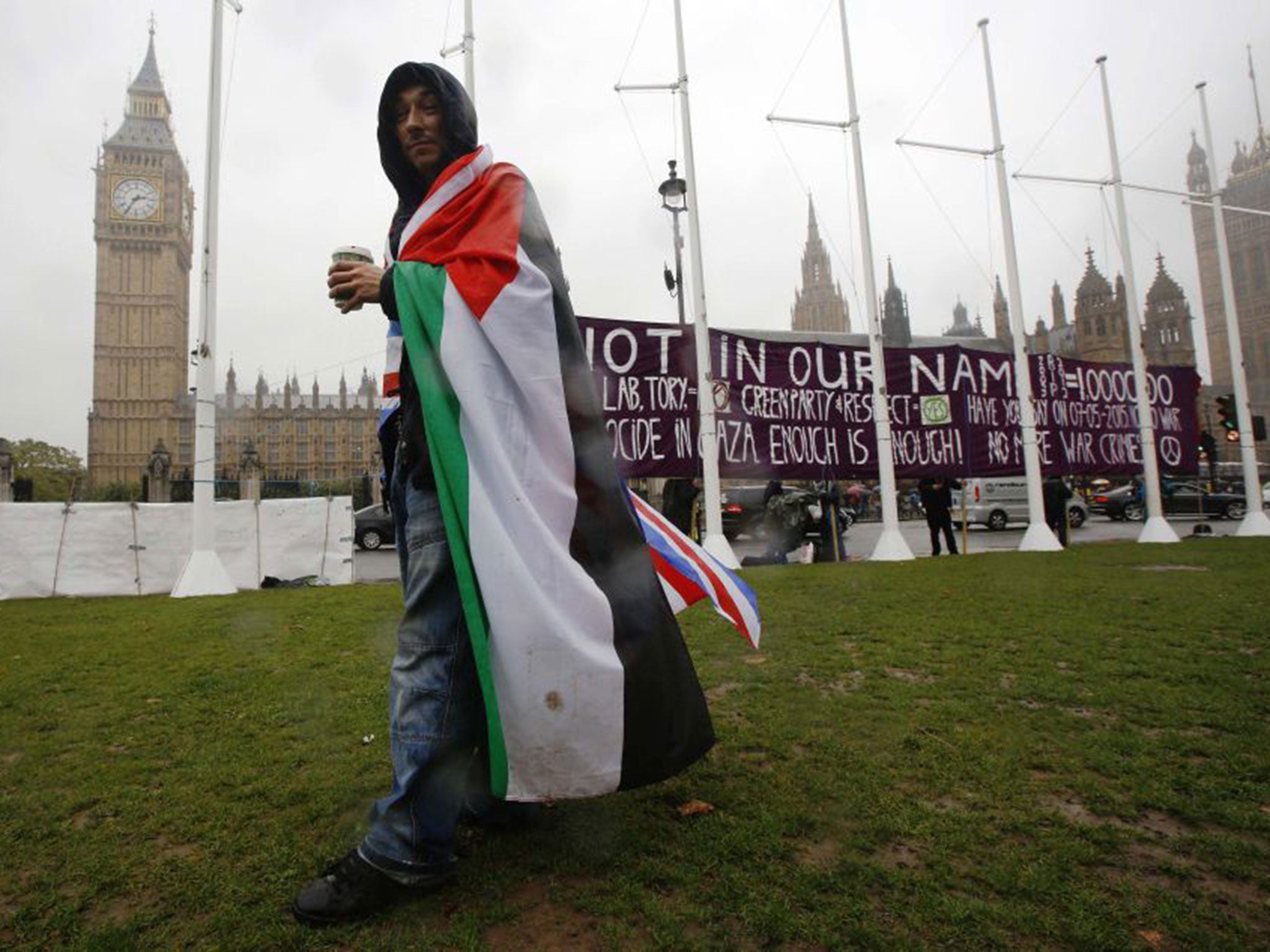 A pro-Palestine demonstration outside Westminster on Monday. Although MPs from all parties ended up in support of the motion to recognise Palestine, Labour was forced to whip its MPs to vote in favour of the resolution