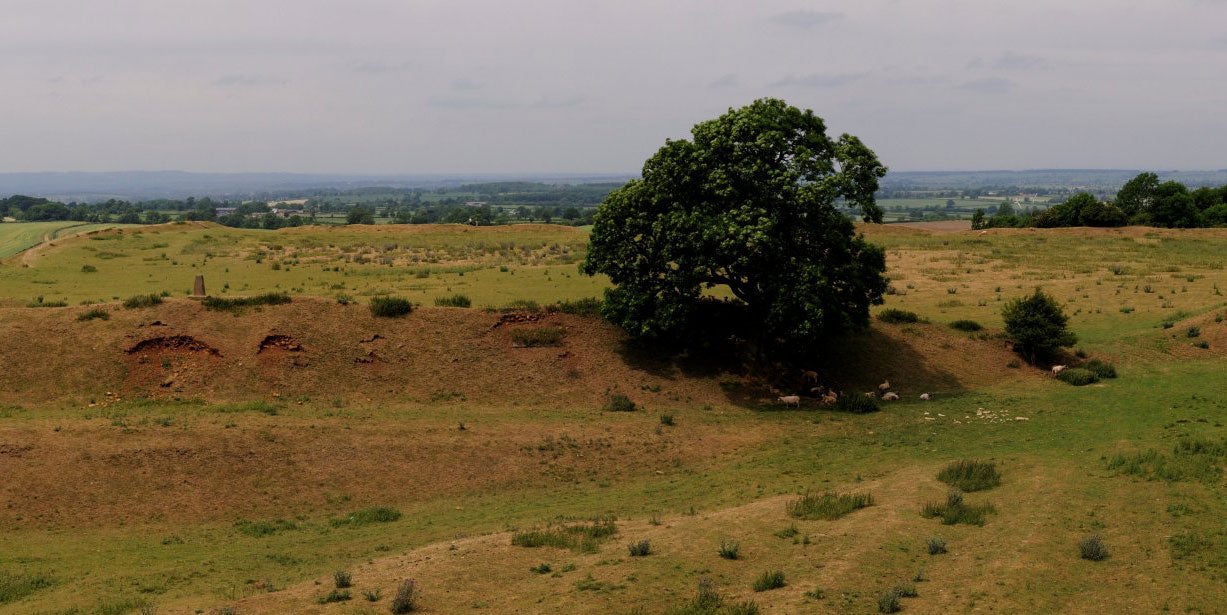 Aview of the Iron Age fortified small town at Burrough Hill in Leicestershire, showing the substantial earthwork defences