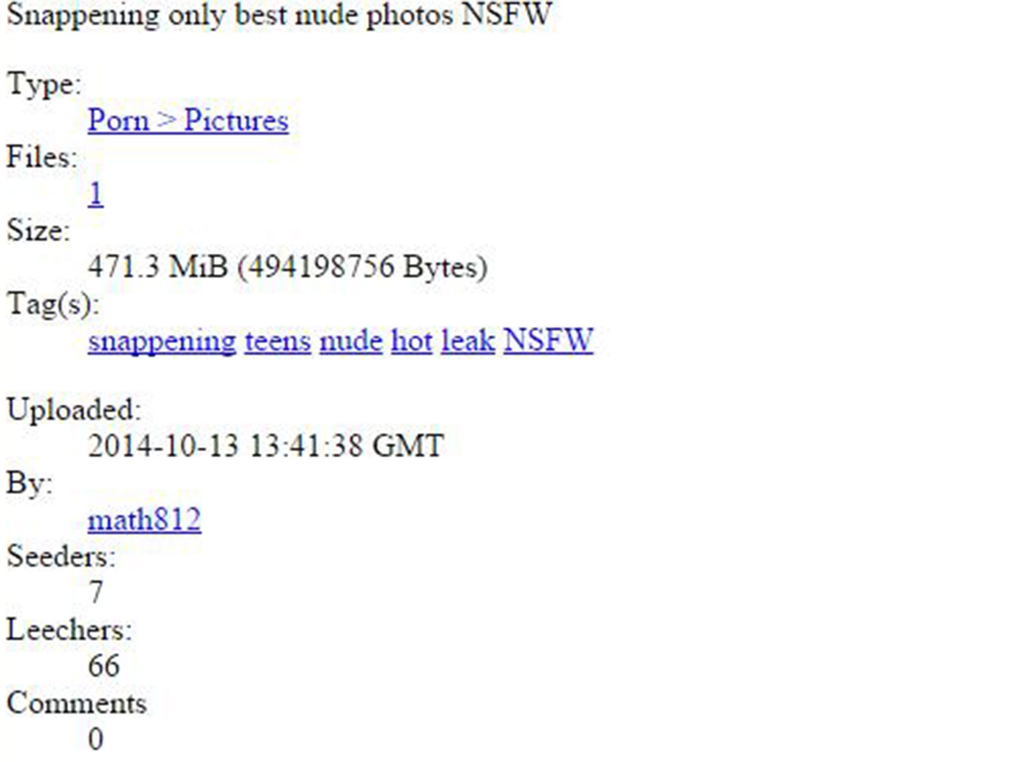 A screenshot of a 'Snappening' download on The Pirate Bay