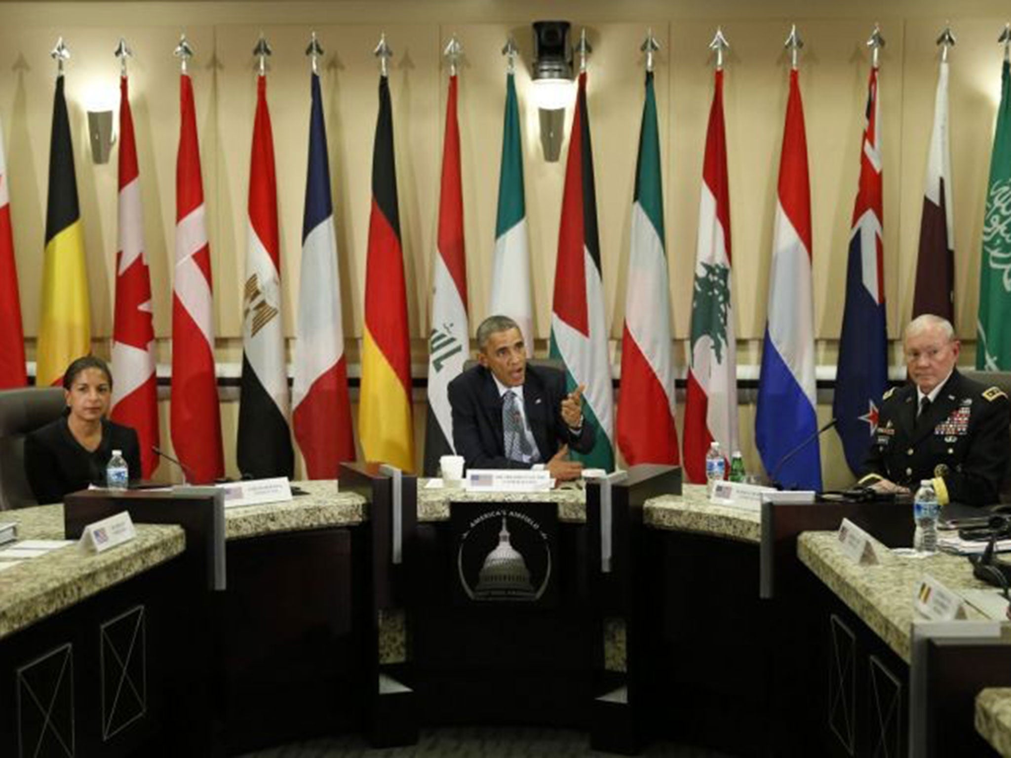 Barack Obama speaks at a meeting with more than 20 foreign defence chiefs on 14 October