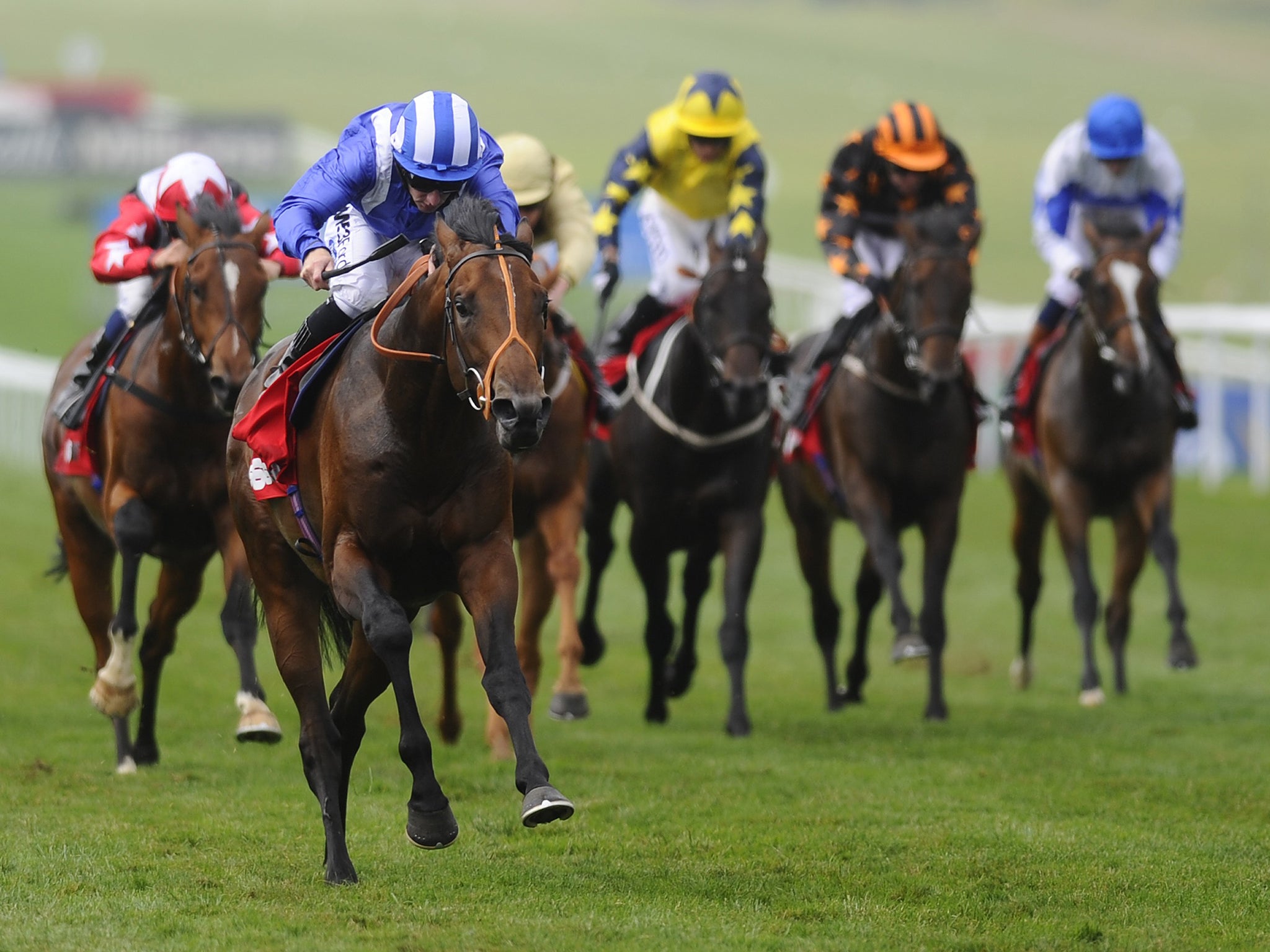 Estidhkaar, ridden by Paul Hanagan, winning the Superlative Stakes at Newmarket in July