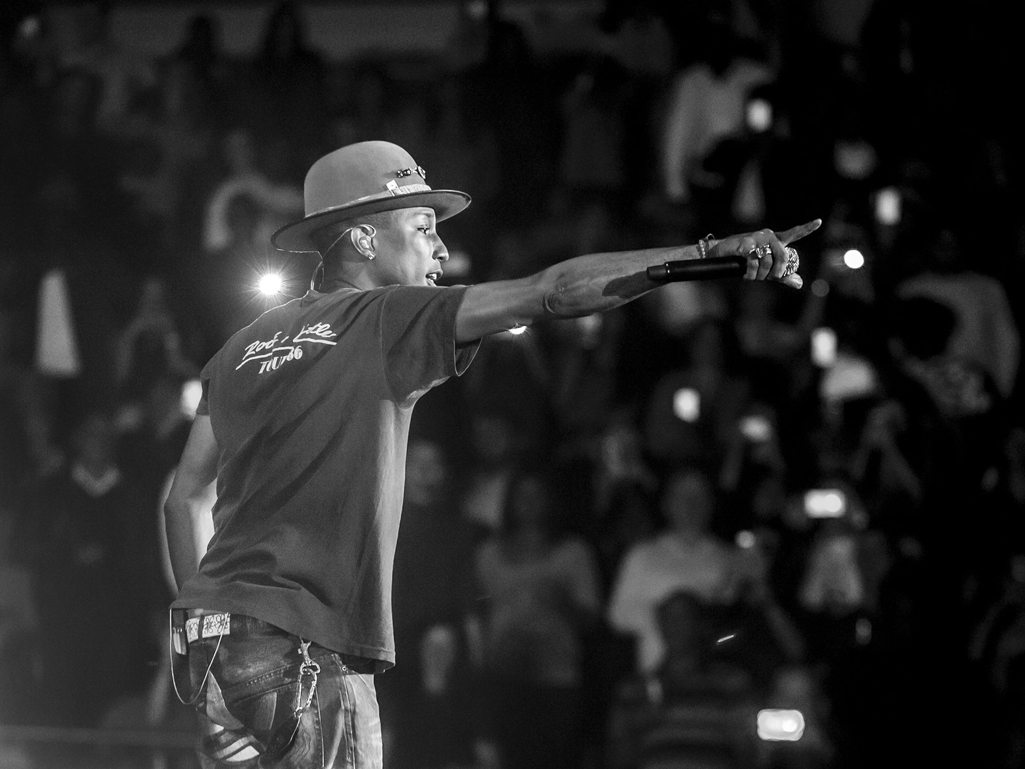 Pharrell Williams performs on stage at O2 Arena