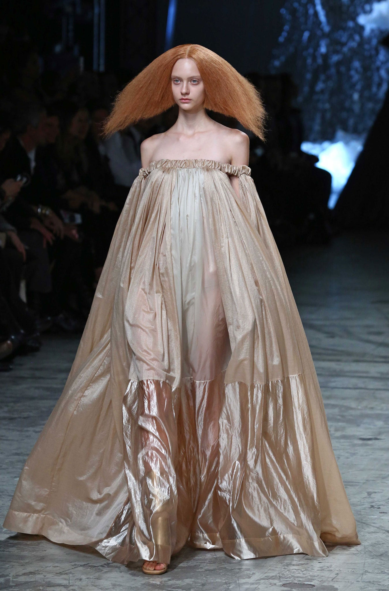 The designer has sent his models scuttling through a foam waterfall wearing dresses that resemble the shower-curtain from Psycho