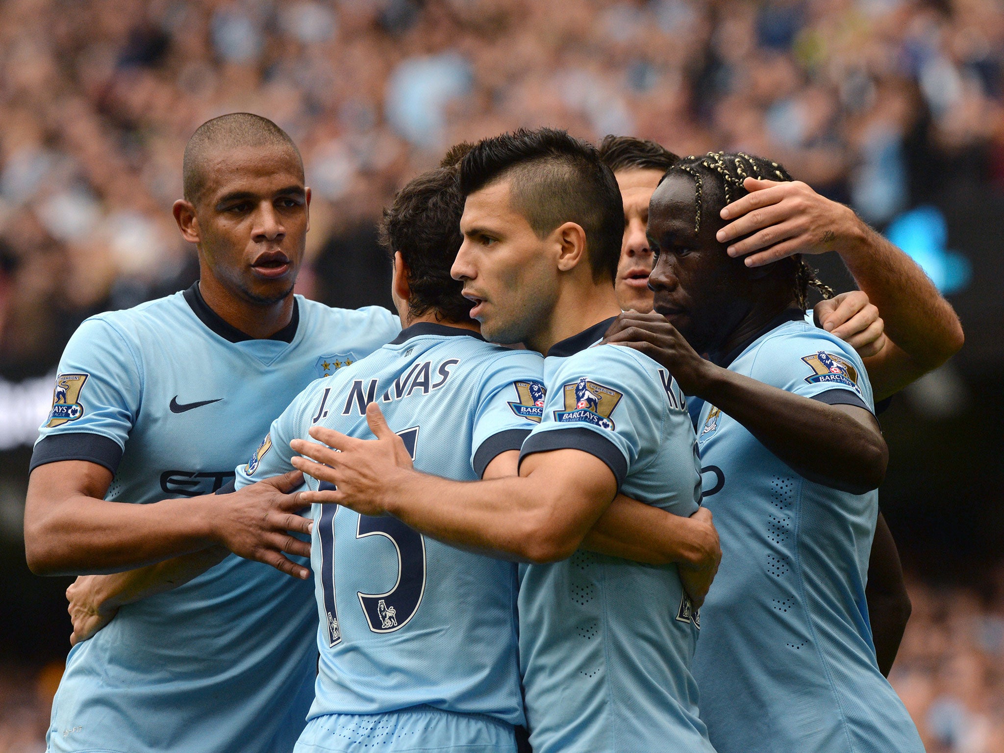 Manchester City players celebrate Sergio Aguero's goal against Spurs