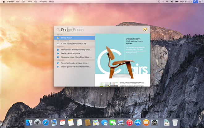 A screenshot showing the spotlight function in OS X Yosemite.