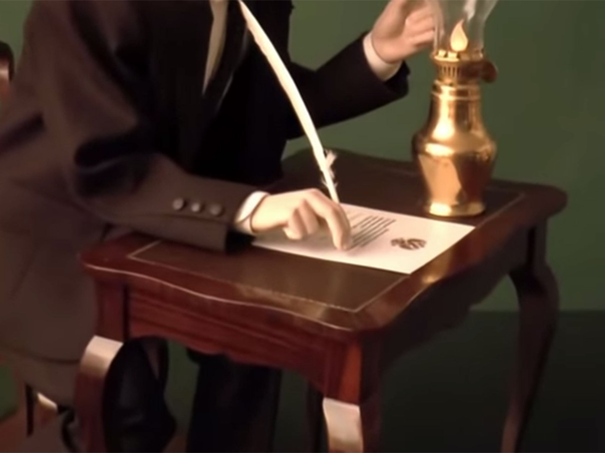 The doll depicts President Putin signing the treaty annexing Crimea to the Russian Federation