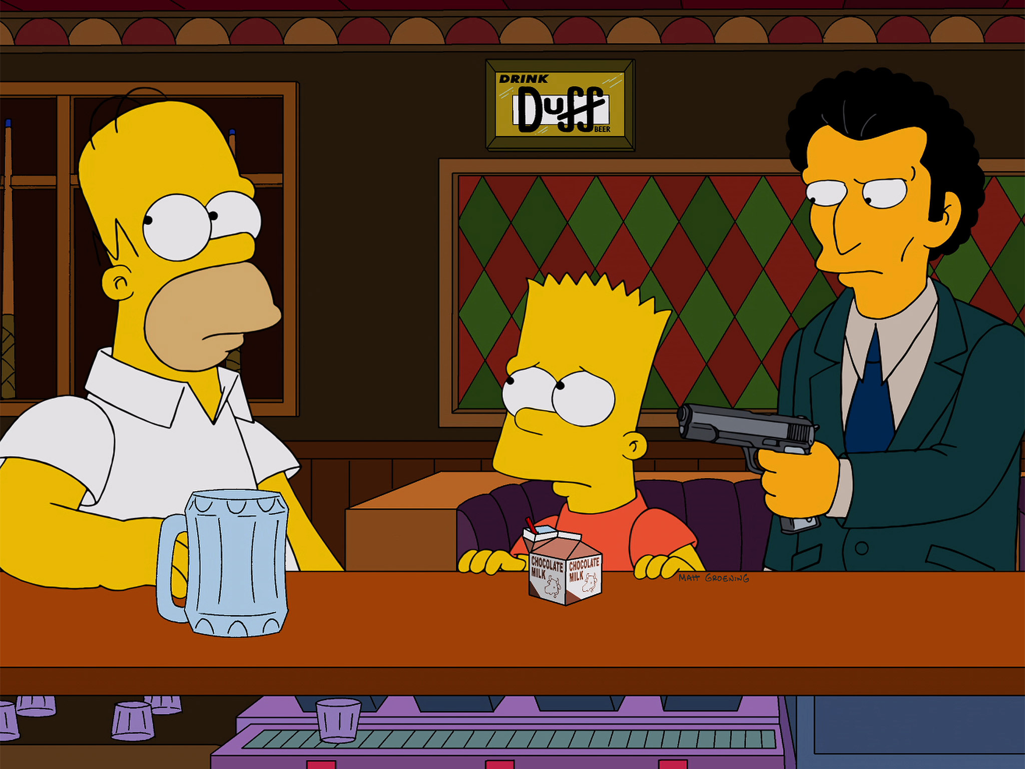 Simpsons' heavy Louie, right, in a scene with Homer and Bart