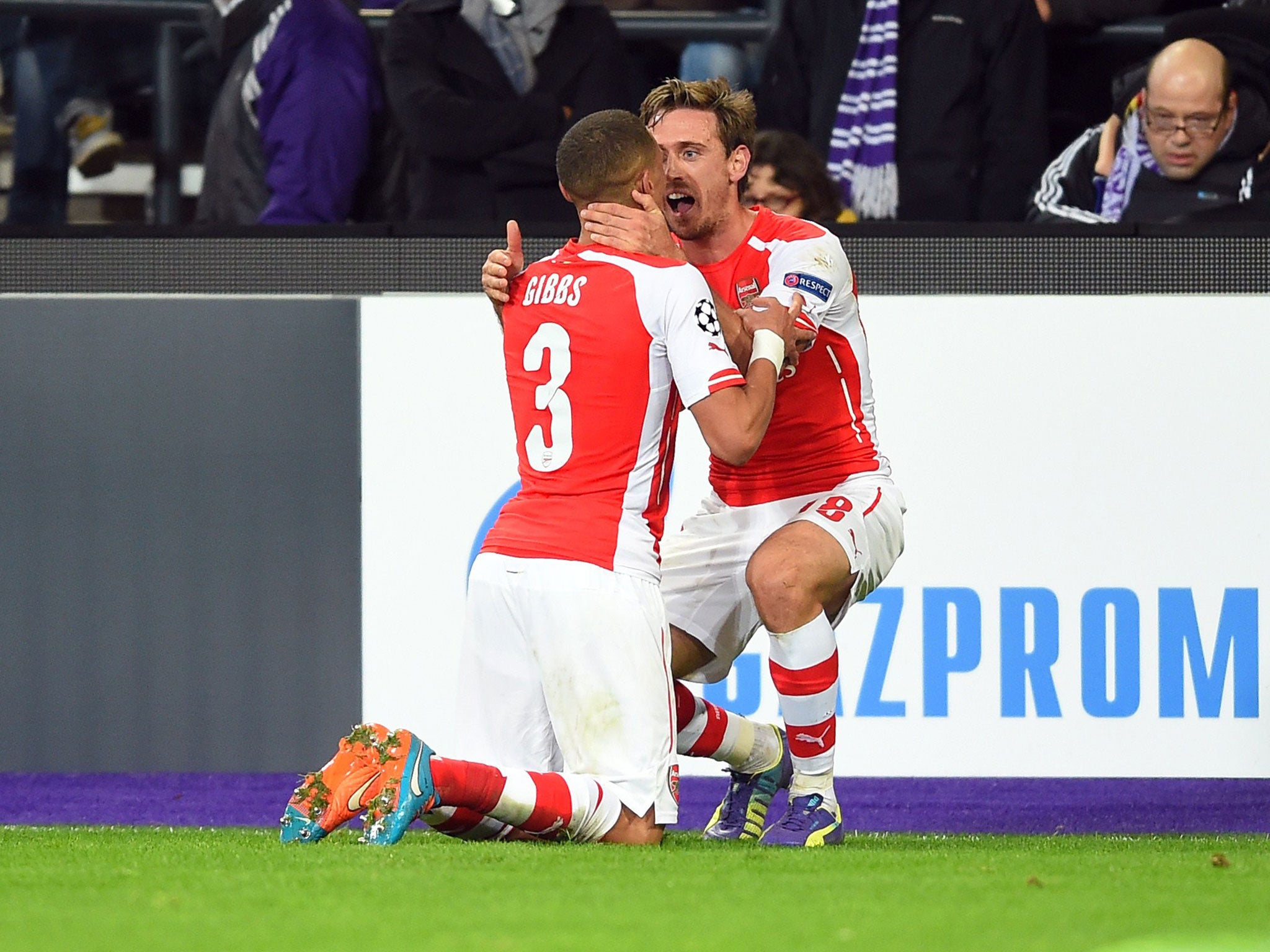 Kieran Gibbs celebrates his goal with Nacho Monreal