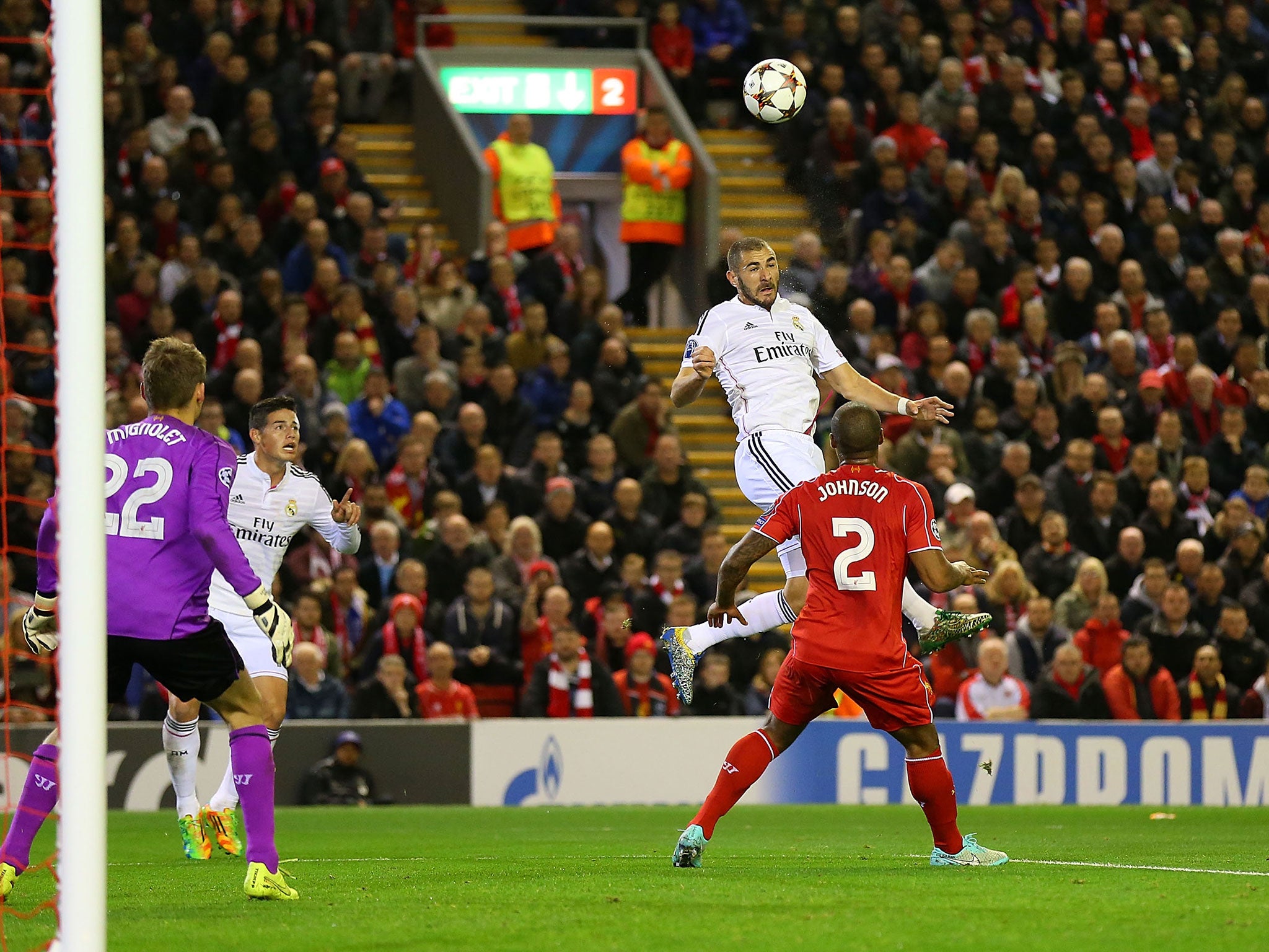 Benzema loops his header over Mignolet to make it 2-0