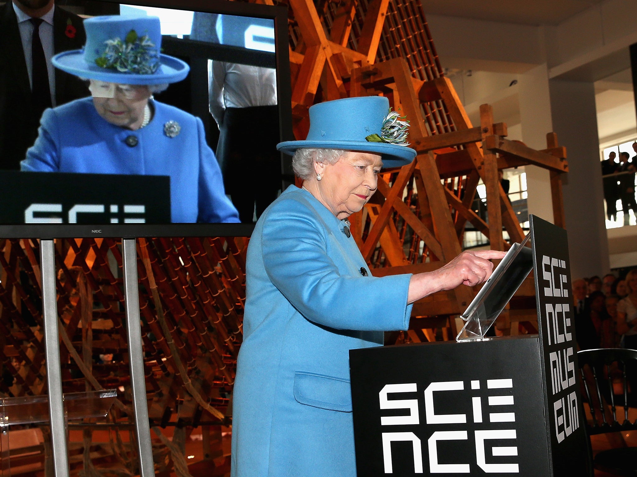 Queen Elizabeth II sends the first royal tweet under her own name to declare the opening of the new Information Age Galleries at the Science Museum, South Kensington, London