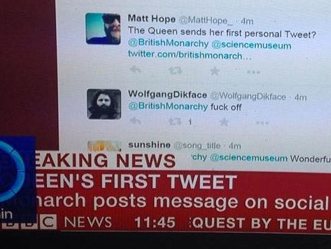 The tweet was shown on BBC News when reporting the Queen's introduction to social media