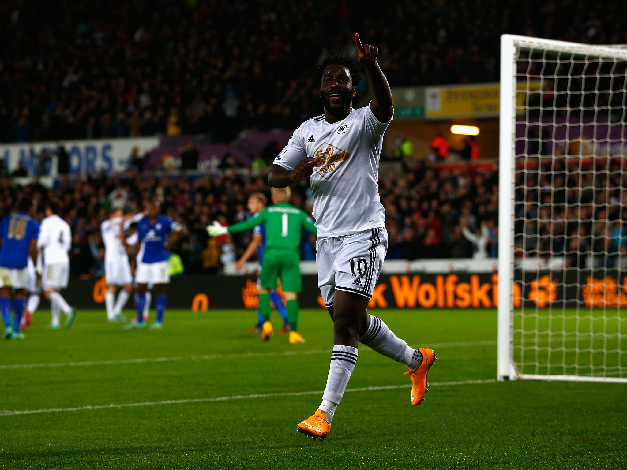 Wilfried Bony of Swansea City celebrates scoring their second goal during the Barclays Premier League match between Swansea City and Leicester City