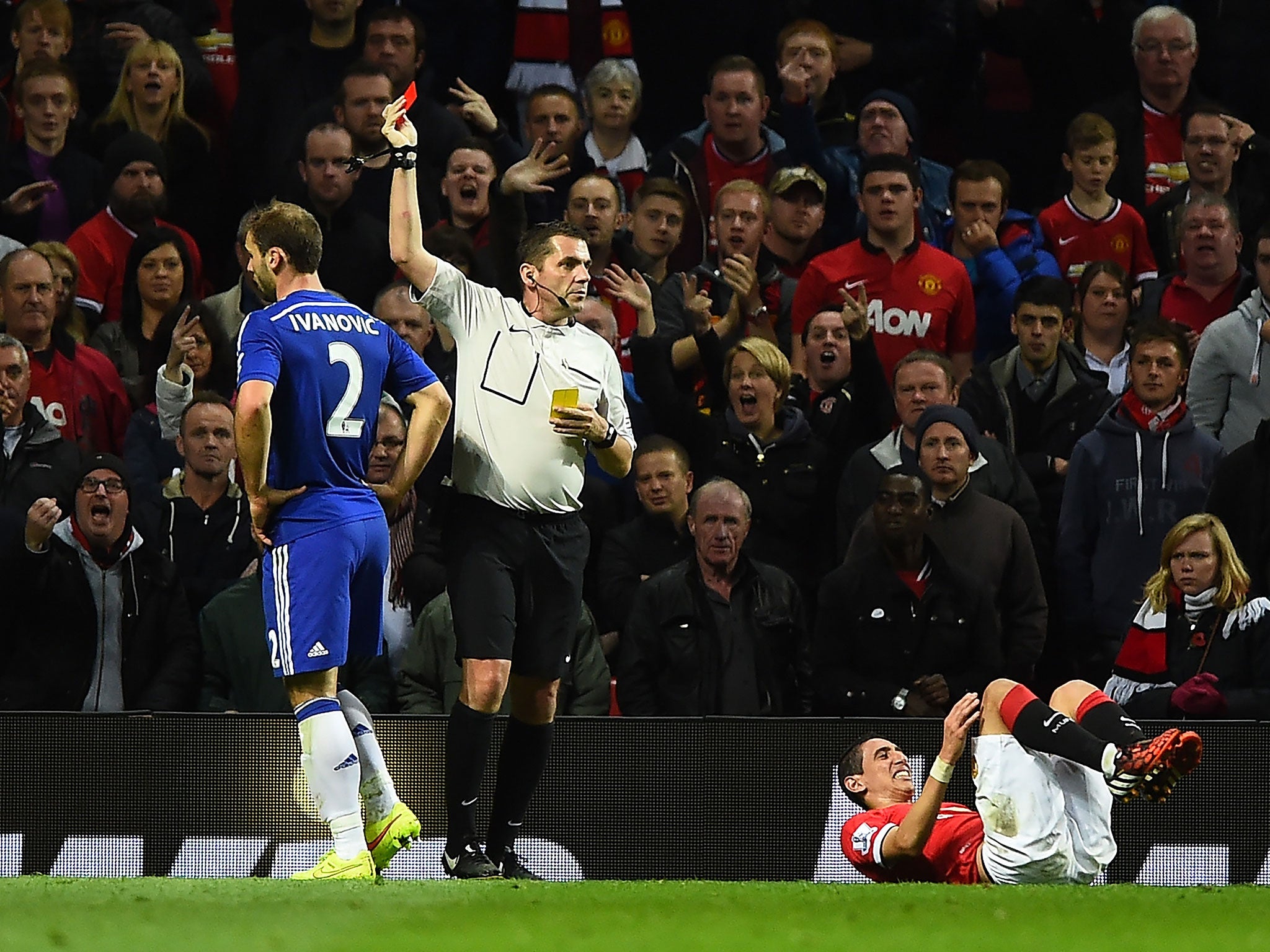 Chelsea’s Branislav Ivanovic is sent off by referee Phil Dowd