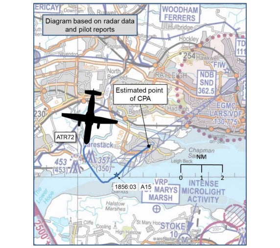 A map from the AirProx report showing the approach of both the passenger plane and quadcopter.