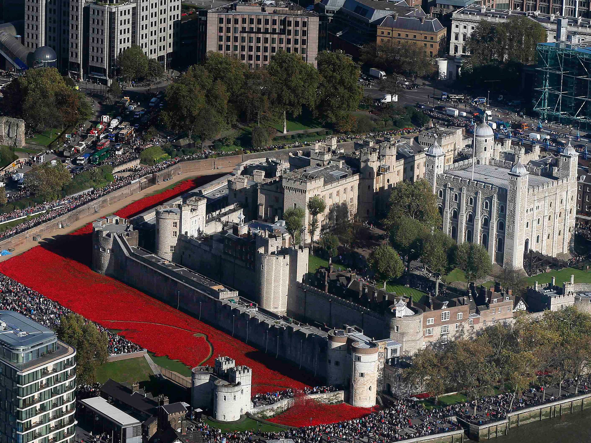 Red ceramic poppies that form part of the art installation "Blood Swept Lands and Seas of Red" are seen at the Tower of London in London. The evolving art installation, which will be completed on 11 November, will create a commemoration for the centenary