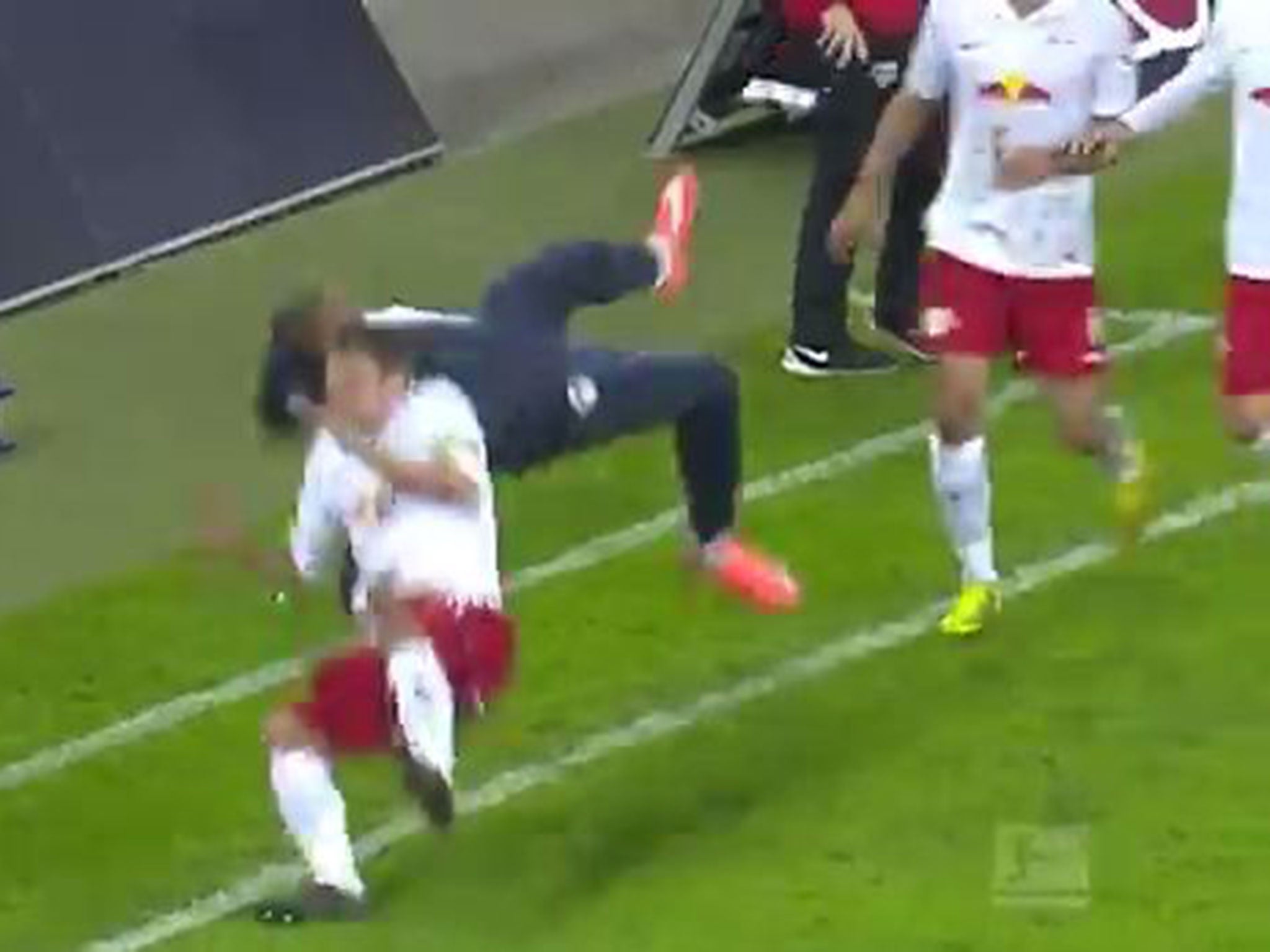 Daniel Frahn performs an RKO in celebration of scoring for Leipzig