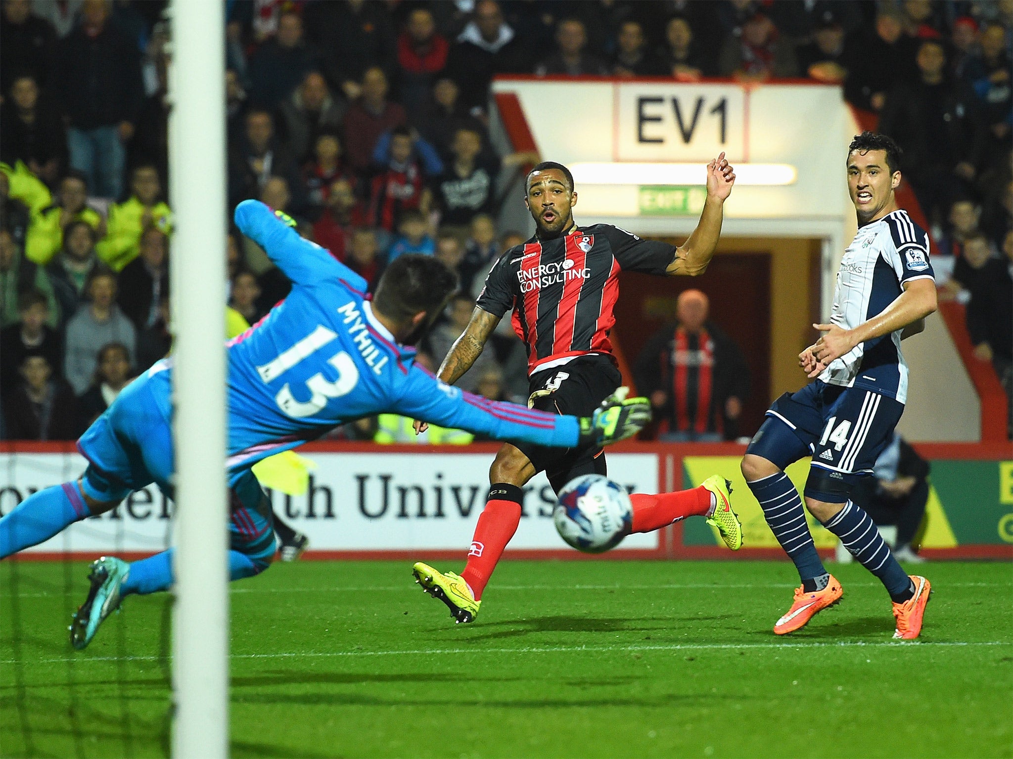 Callum Wilson (centre) strikes the winning goal past Boaz Myhill