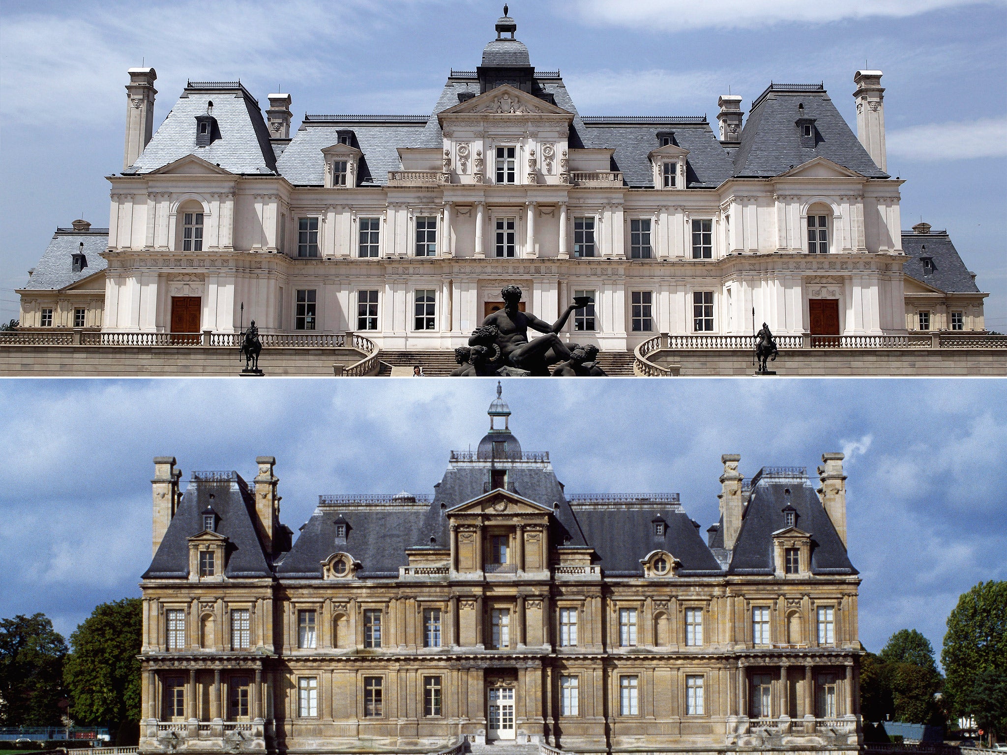 Copycat culture: the Chateau Zhang Laffitte in China, top, and the building which inspired it, in Paris, bottom