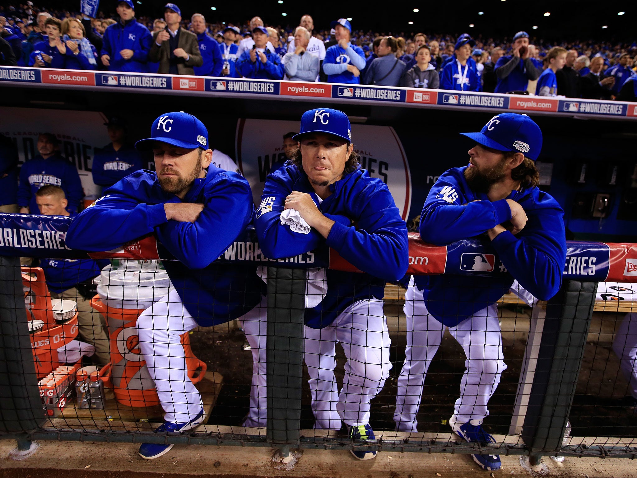 Kansas City Royals players look on dejected after their World Series defeat