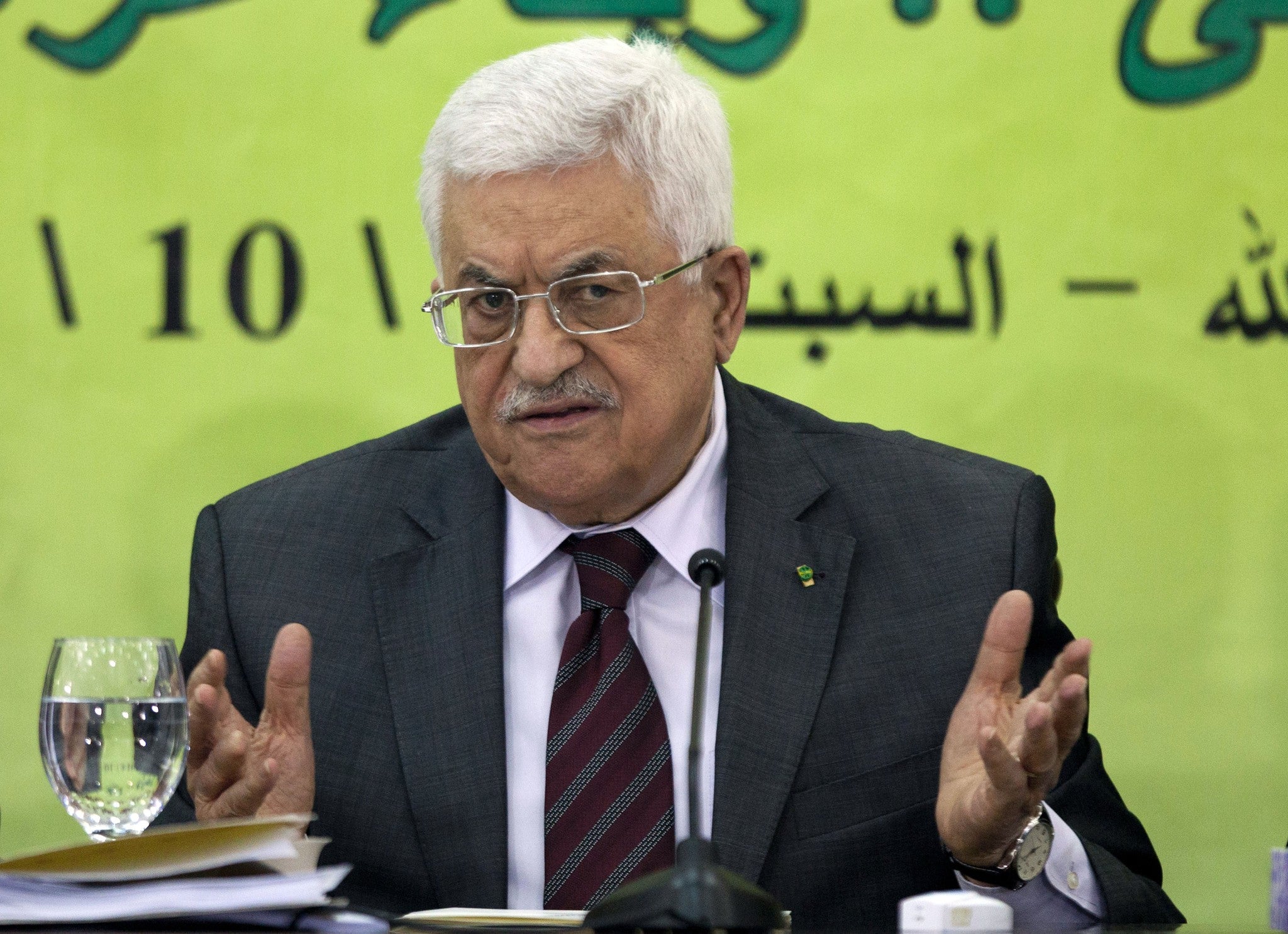 Palestinian President Mahmoud Abbas speaks during a meeting of the Fatah revolutionary council in the West Bank city of Ramallah on October 18