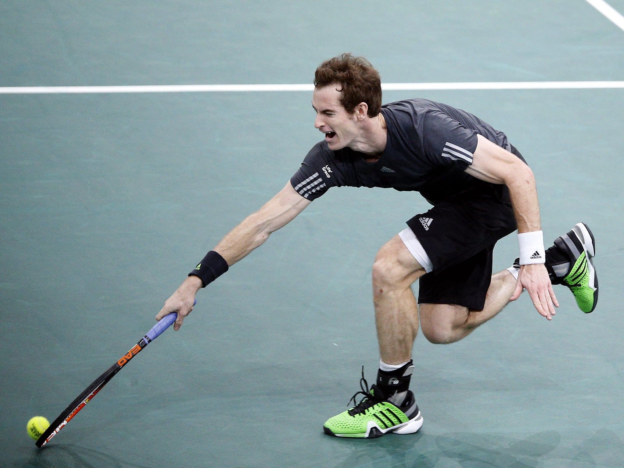 Andy Murray reaches for a return during his victory over Grigor Dimitrov in Paris
yesterday