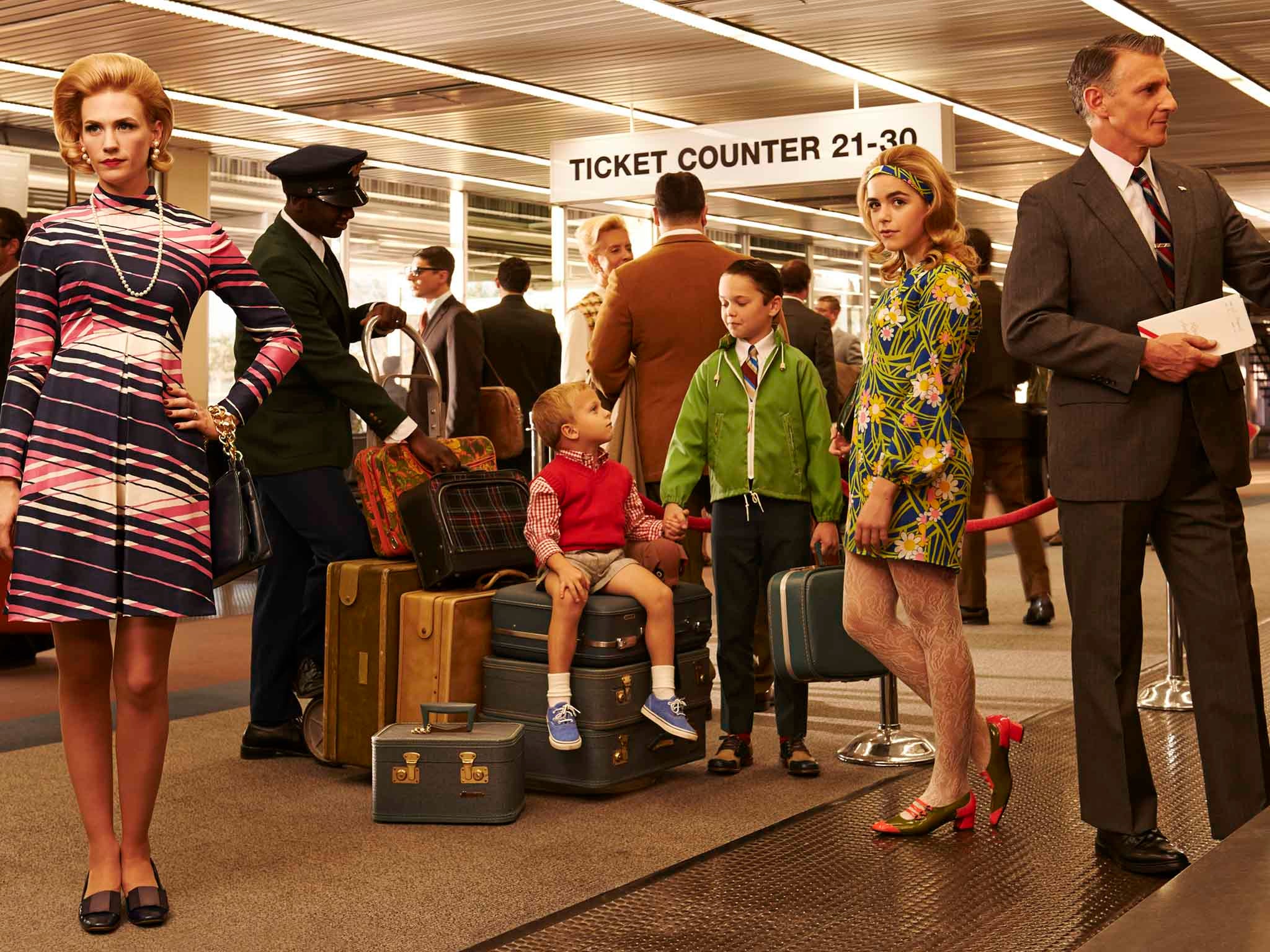 Mad Men, Series 7. January Jones as Betty Francis, Evan Londo as Gene Draper, Mason Vale Cotton as Bobby Draper, Kiernan Shipka as Sally Draper