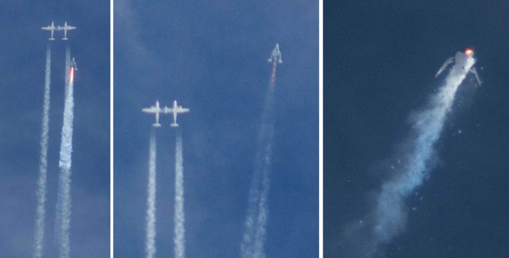 A three-image combination shows the Virgin Galactic SpaceShipTwo rocket separating from the carrier aircraft, left, before it exploded, right, during a test flight on 31 October 2014