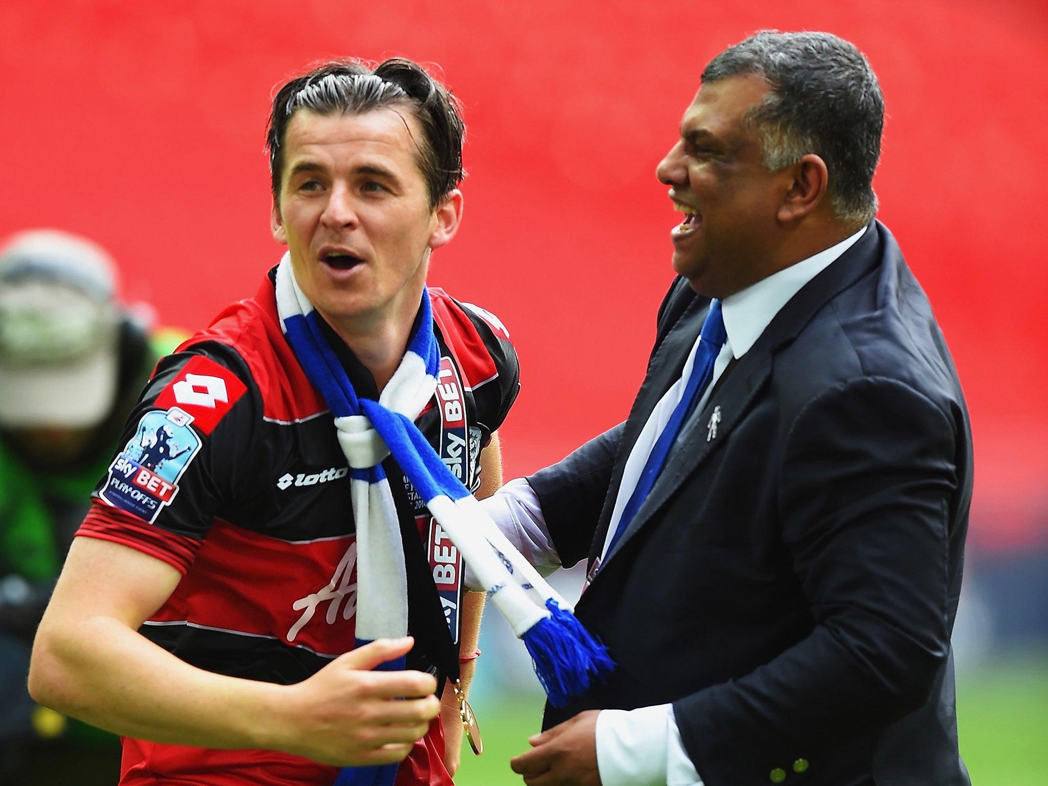 Barton celebrating the play-off victory last season with QPR chairman Tony Fernandes