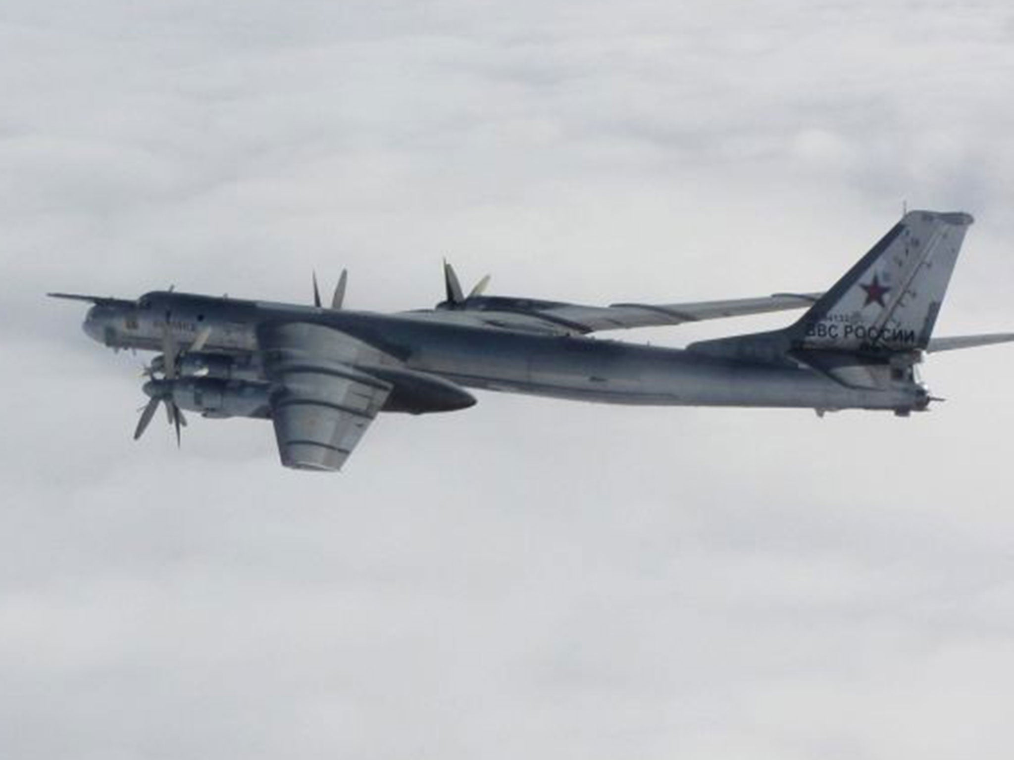 A Russian Bear aircraft photographed from an intercepting RAF quick reaction Typhoon (QRA) as it approached UK airspace on 31 October