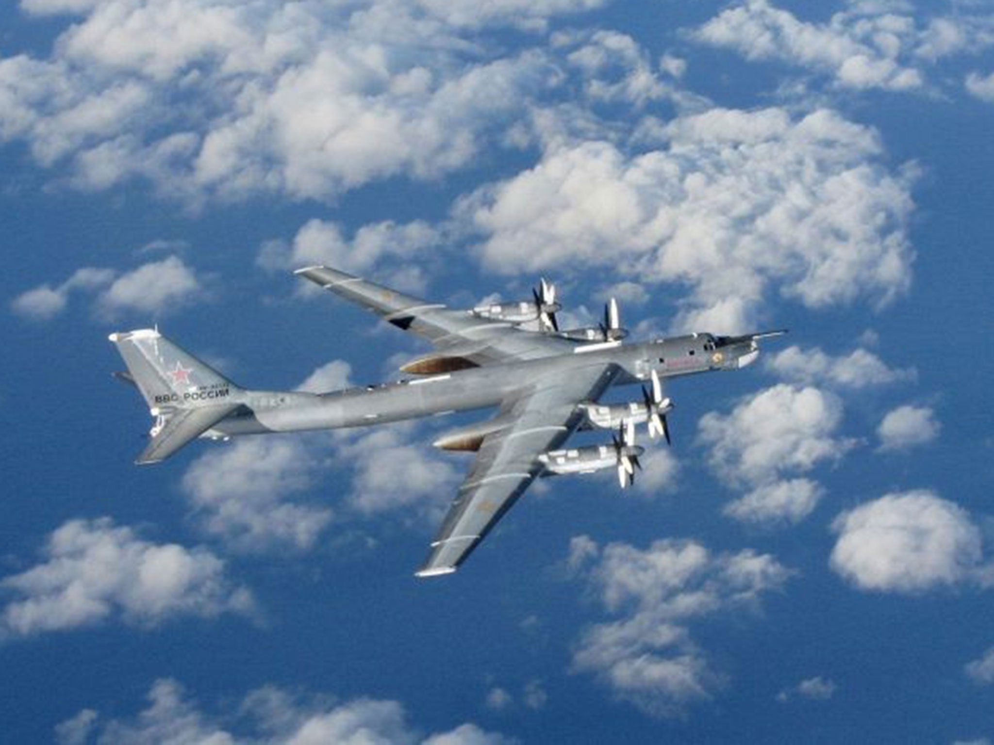 A Russian Bear 'H' aircraft photographed from an intercepting RAF Typhoon near UK airspace on 29 October