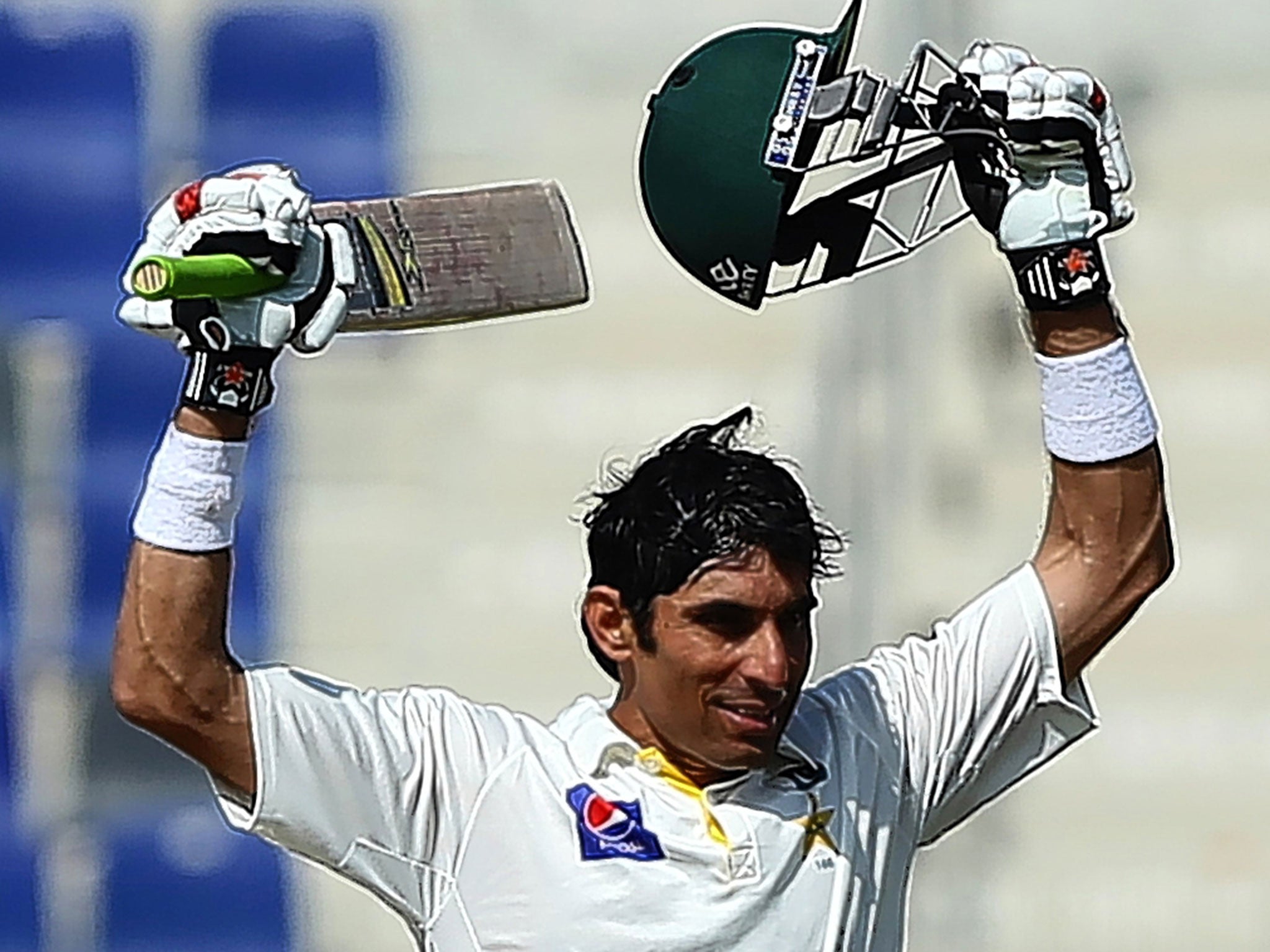 Pakistan captain Misbah-ul-Haq celebrates after hitting his century off just 56 balls