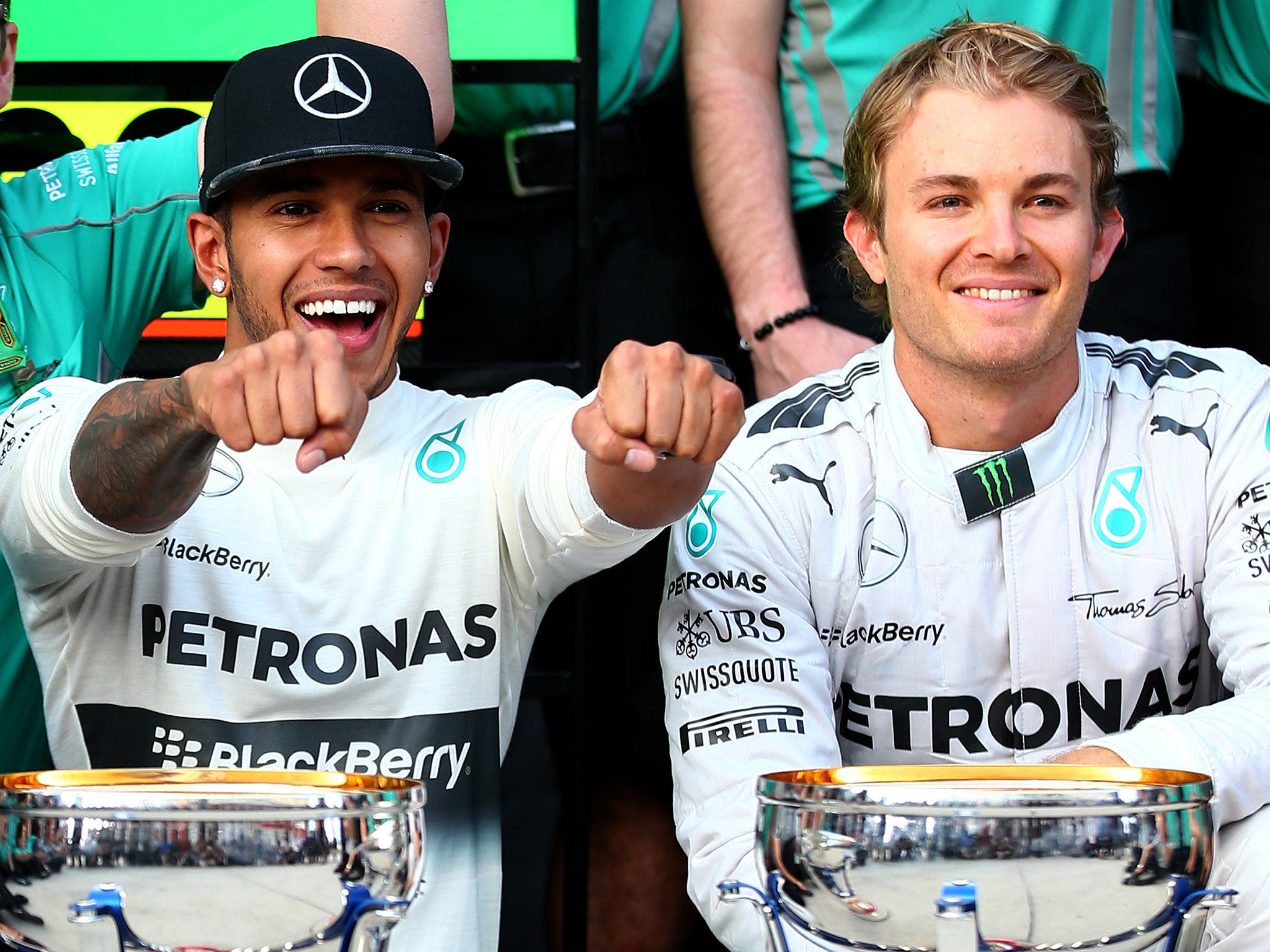 Hamilton and Rosberg celebrate their one-two at the United States Grand Prix