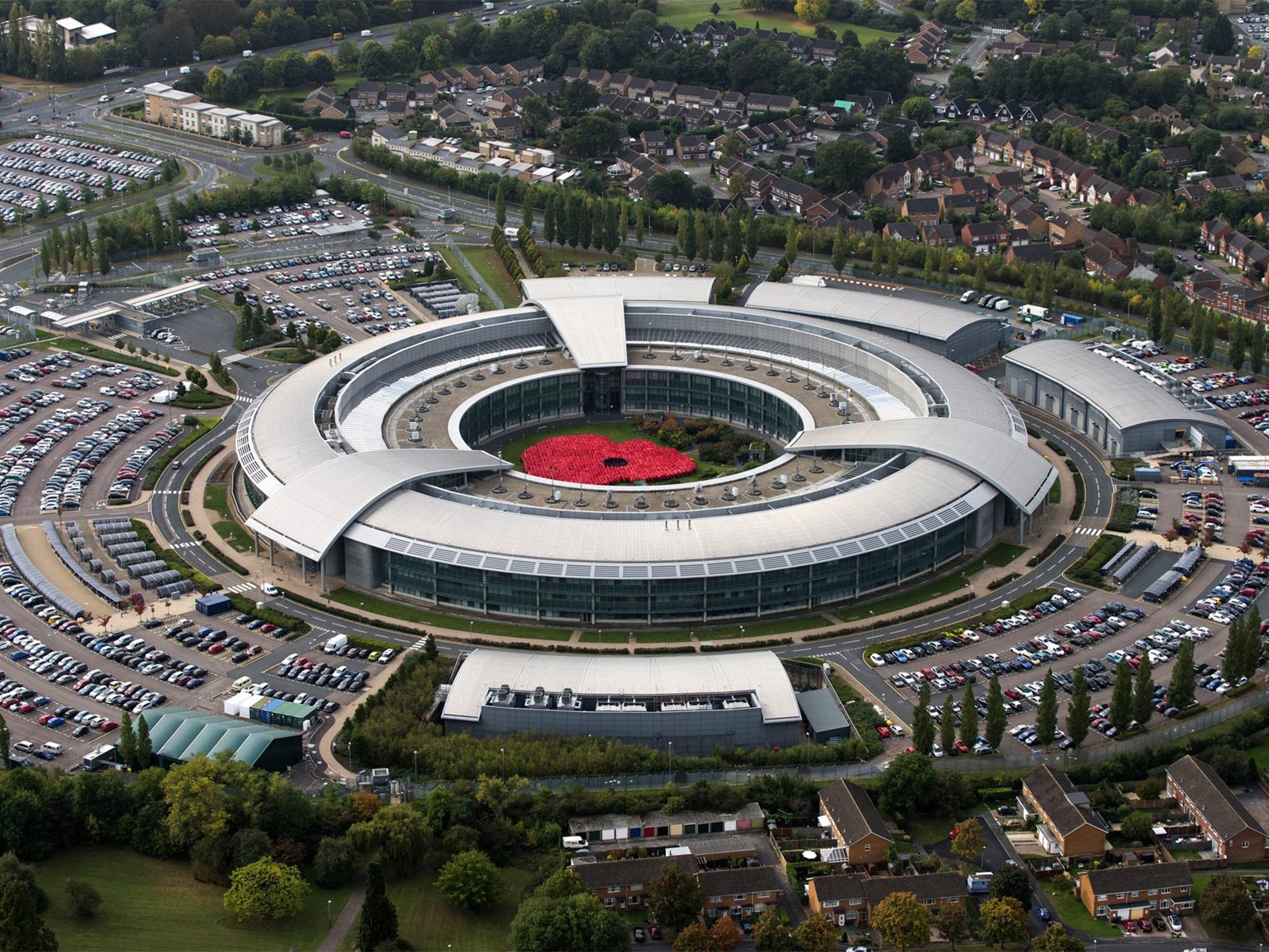 The staff of GHCQ make a poppy in the body’s headquarters in Cheltenham last month