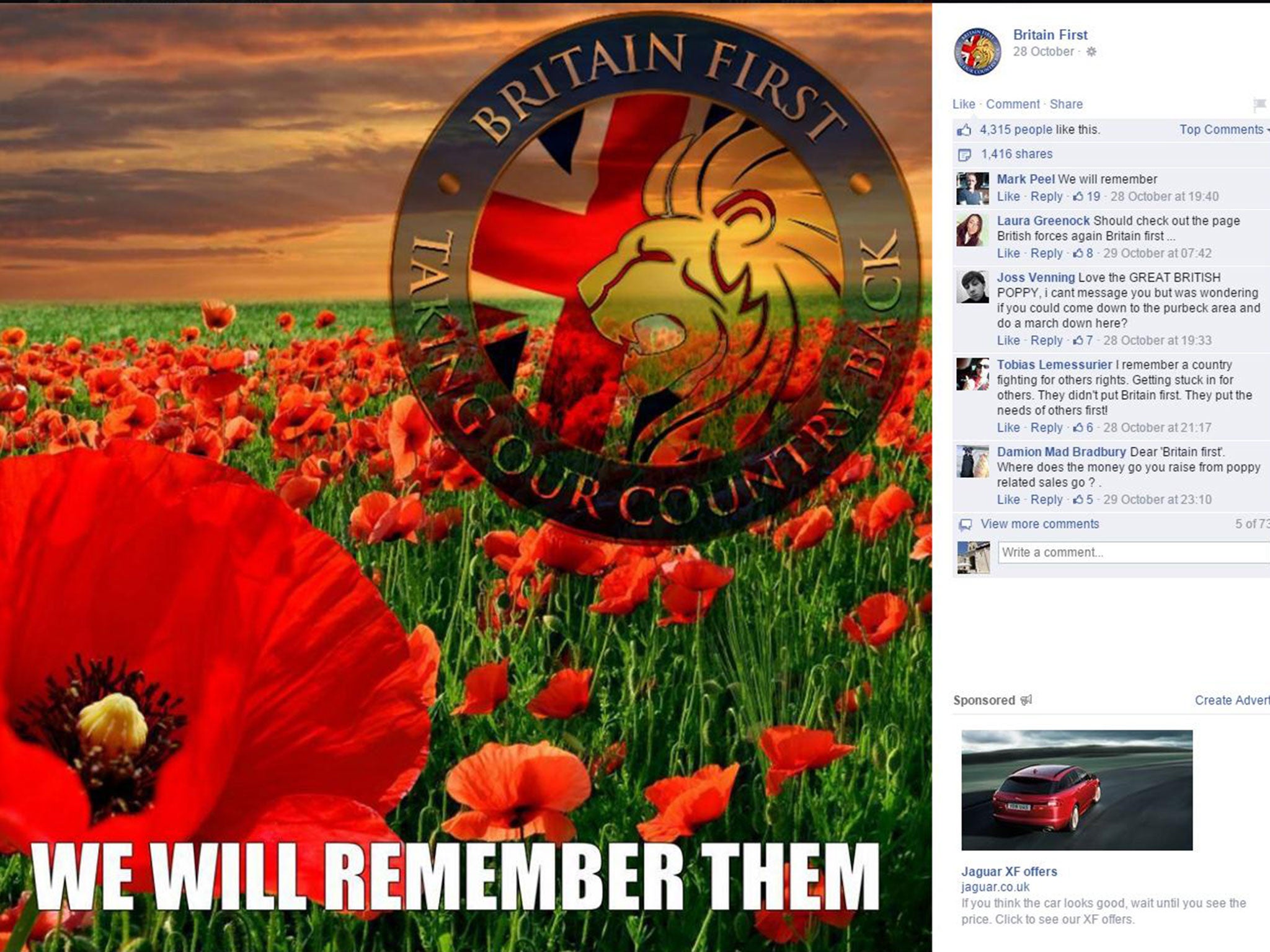 One of the poppy posts on Britain First's Facebook page