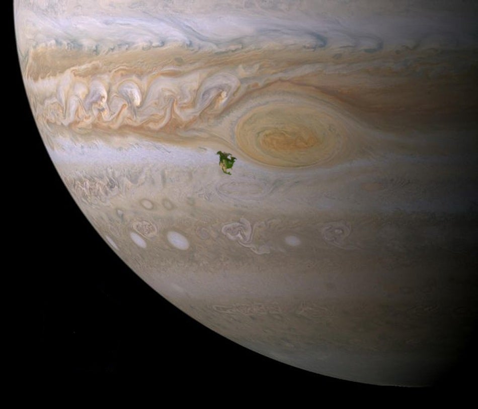 North America superimposed on the face of Jupiter.