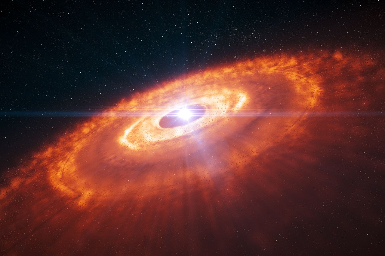 An artist's impression of planetary genesis around a young star like HL Tauri.