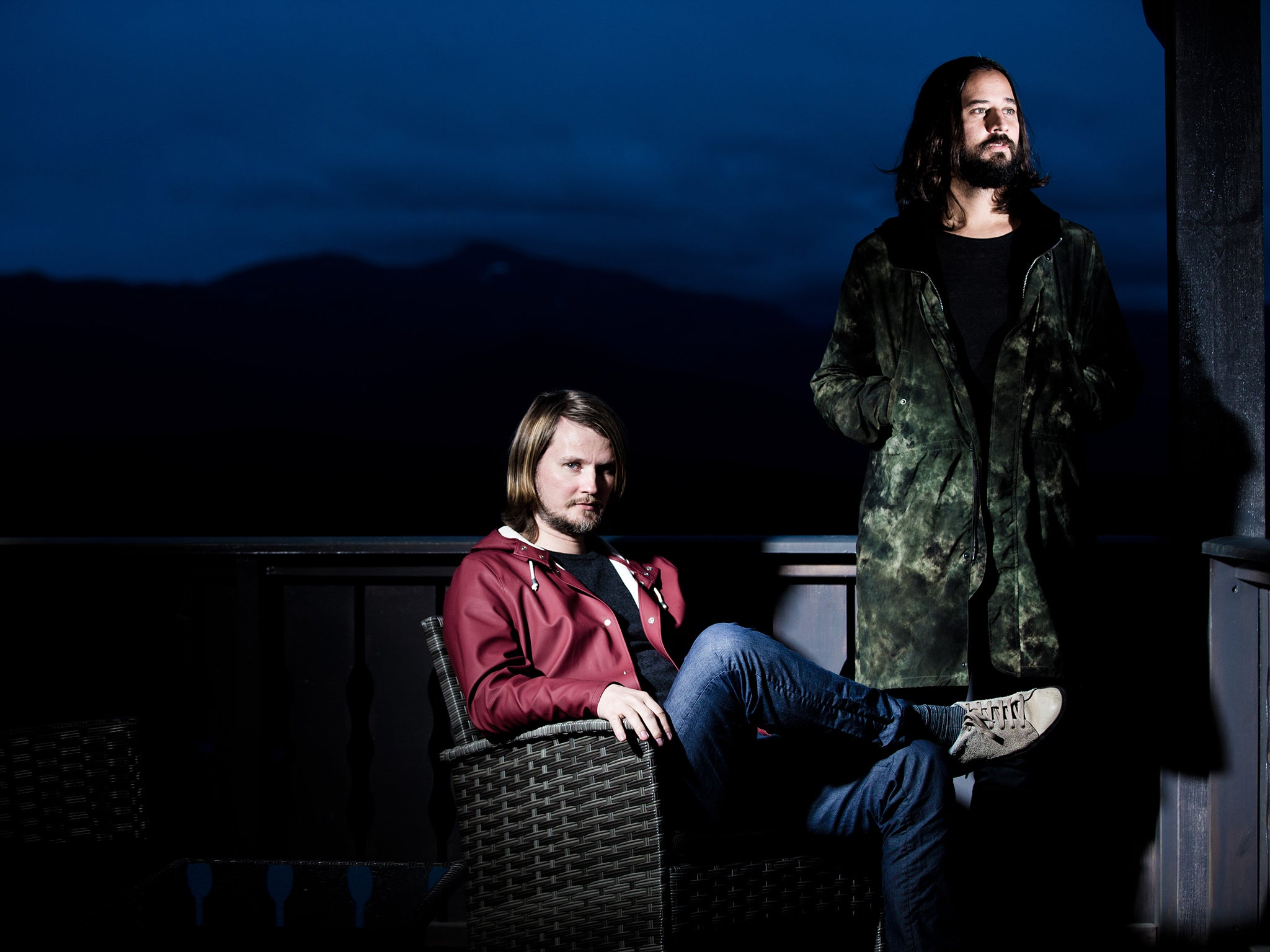 Royksopp, aka Svein Berge (right) and Torbjorn Brundtland (left), a Norwegian electronic music duo from Troms, formed in 1998. Photographed near Voss, Norway.