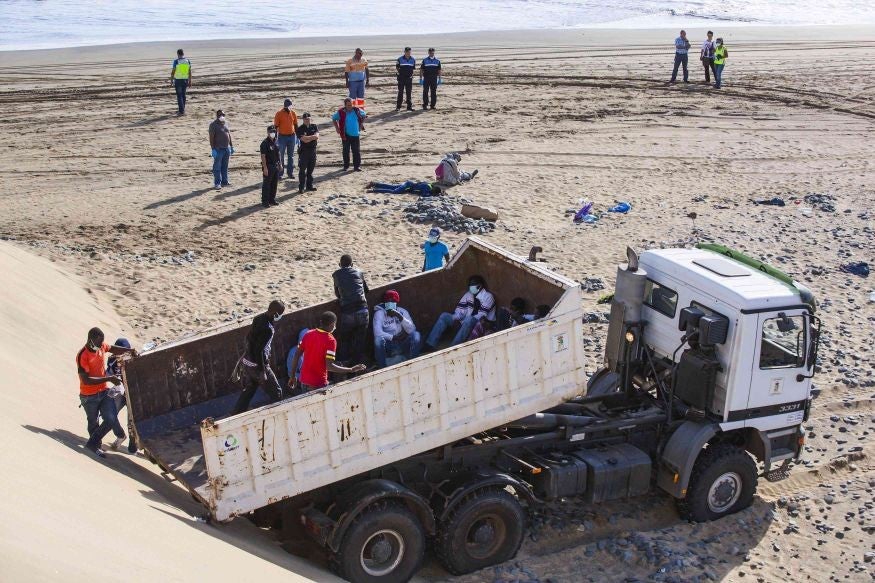 Migrants in quarantine on Maspalomas beach in Gran Canaria