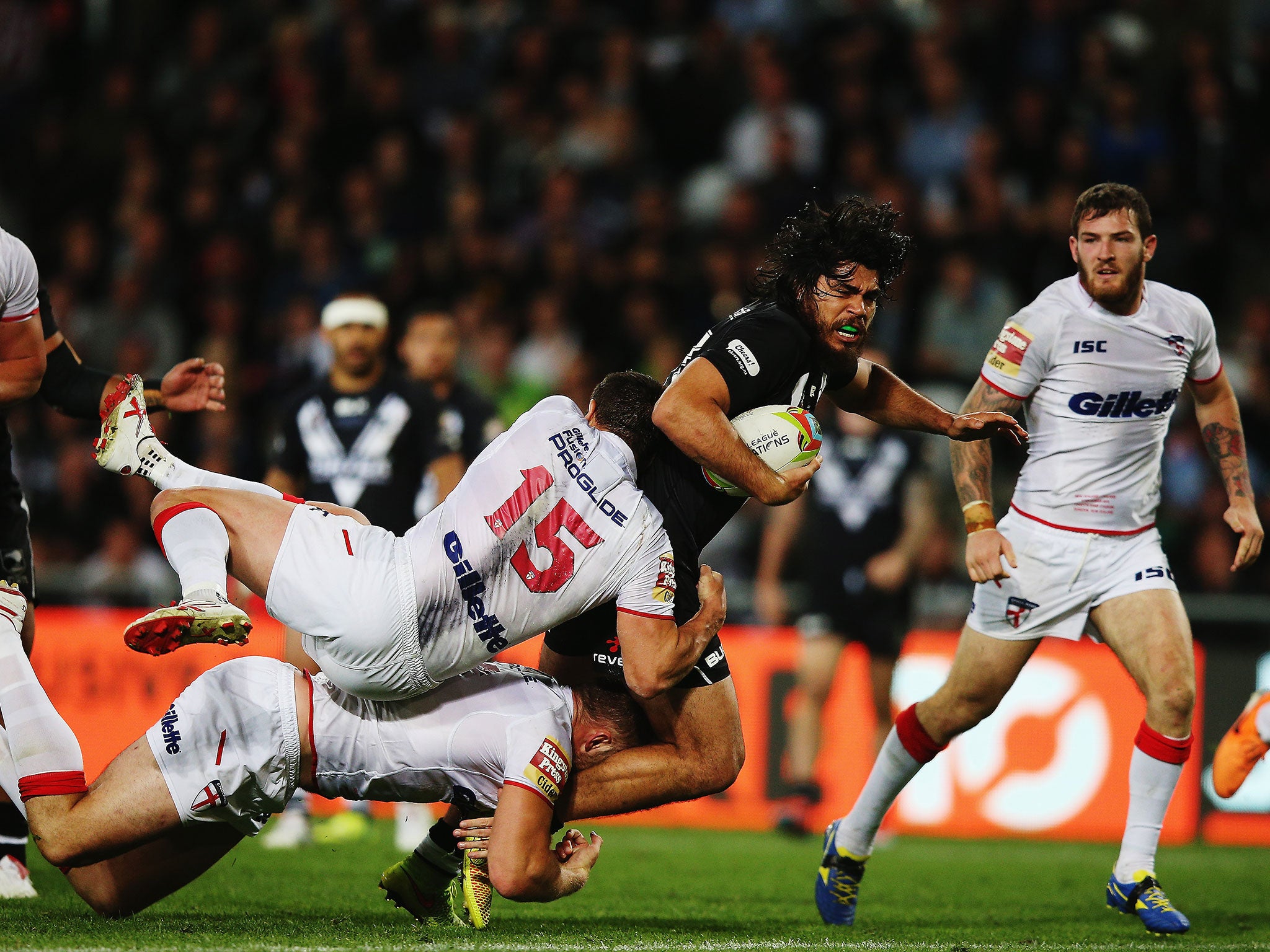 New Zealand forward Tohu Harris is brought down