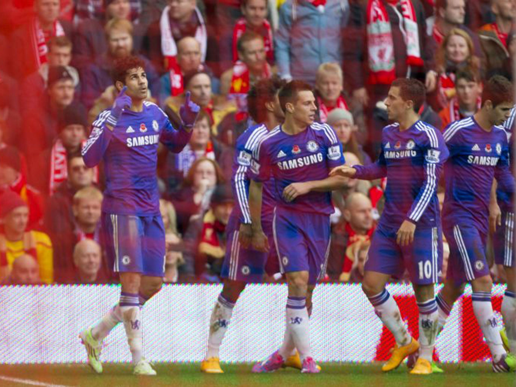 Chelsea players celebrate Diego Costa's winner