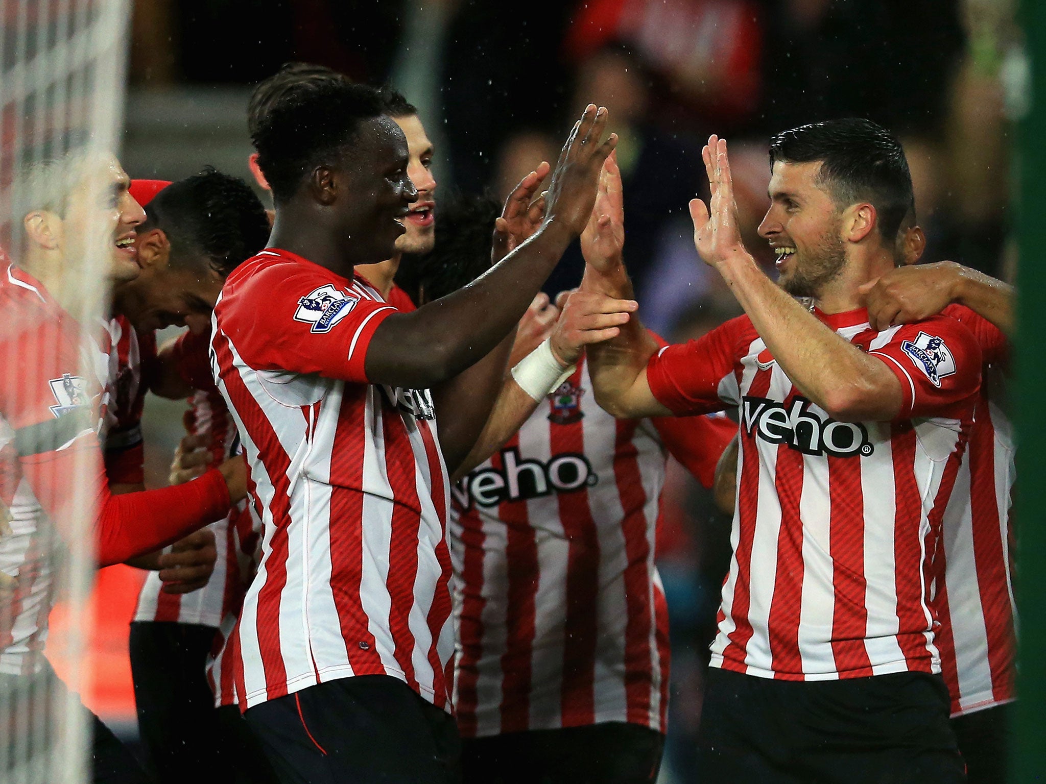 Shane Long (right) celebrates with his teammates after scoring against Leicester at St Mary’s this month