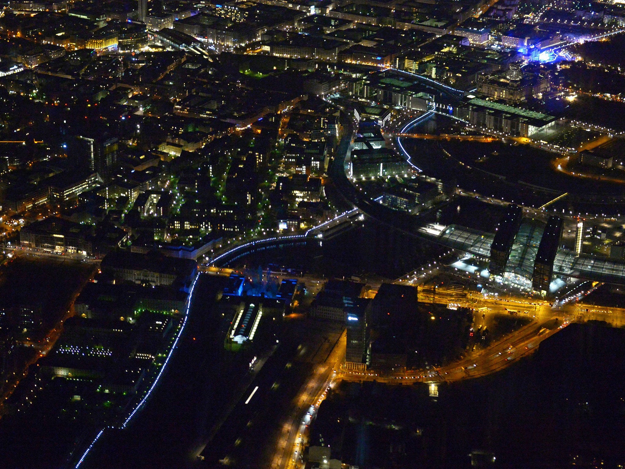 The Lichtgrenze (Light Border) installation seen from above Berlin