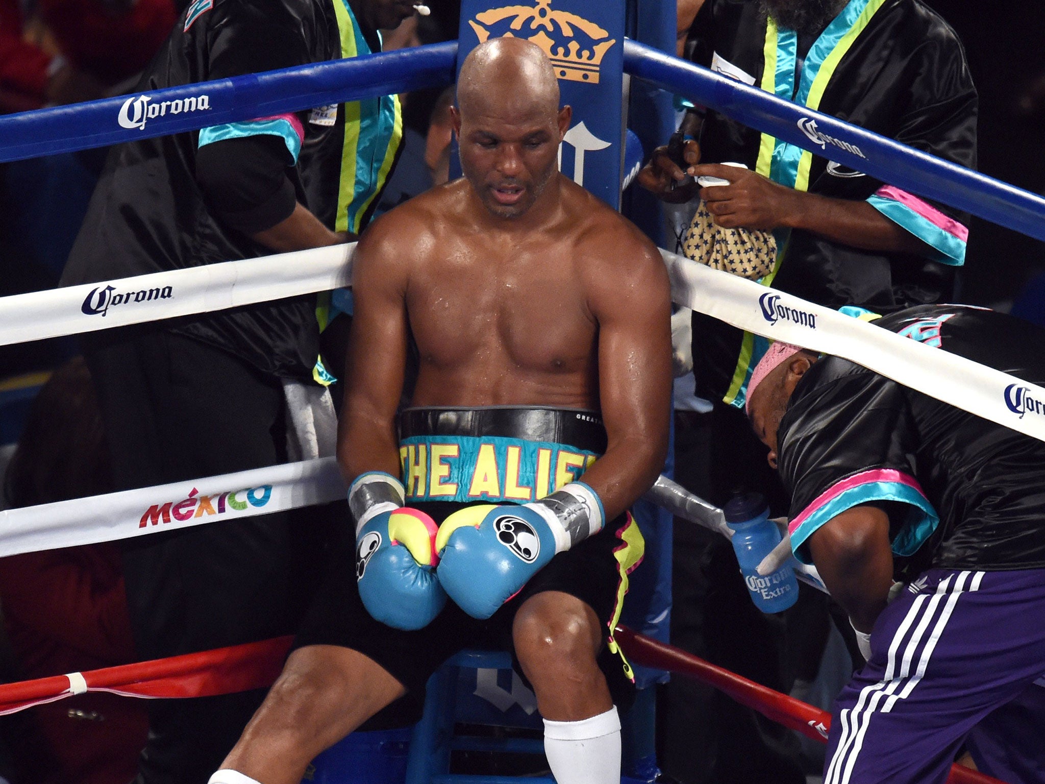 Bernard Hopkins takes a break in between rounds in his defeat by Sergey Kovalev