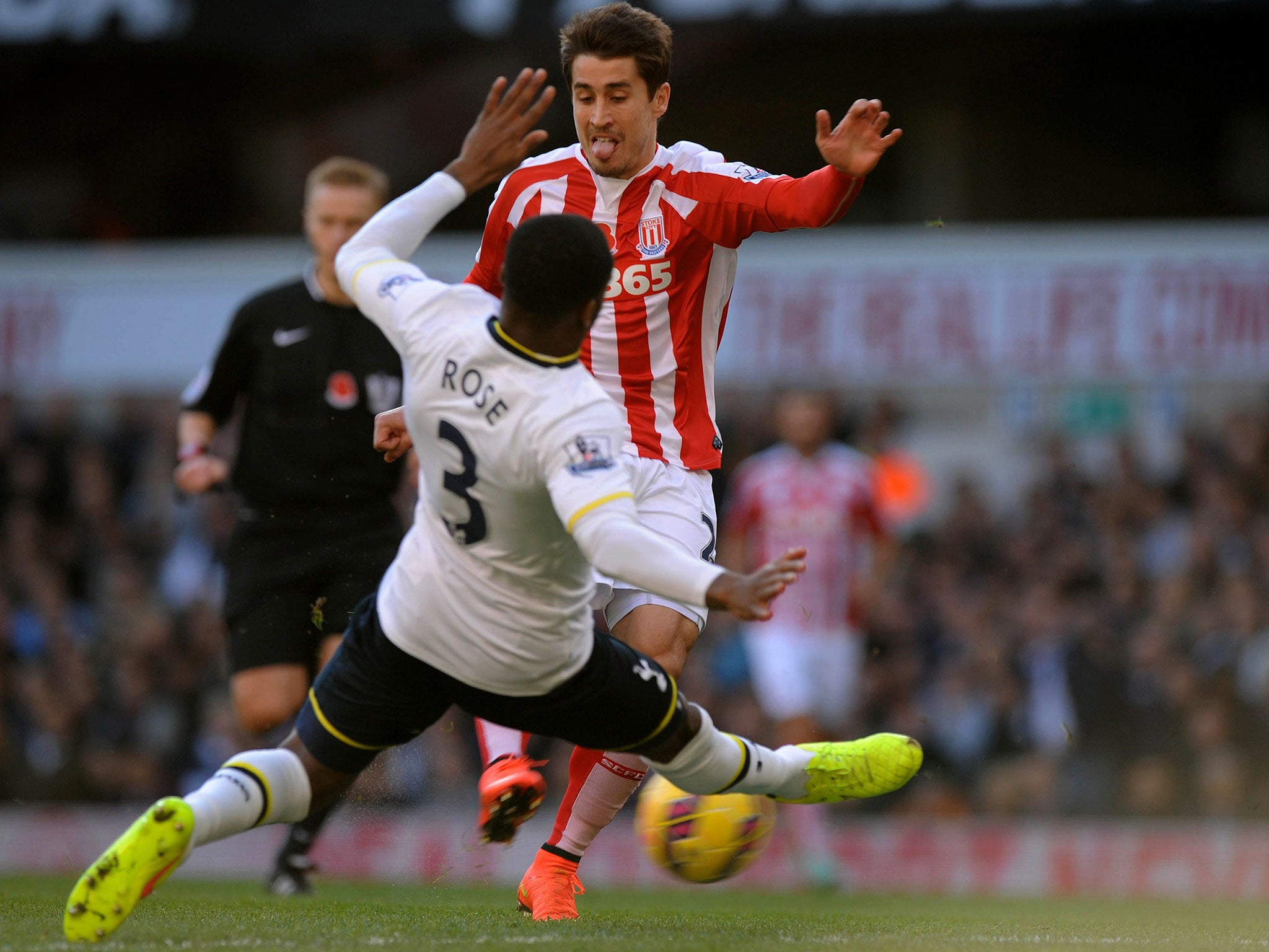 Bojan Krkic (right) fires his shot past the lunge of Tottenham Hotspur's Danny Rose to score the opening goal